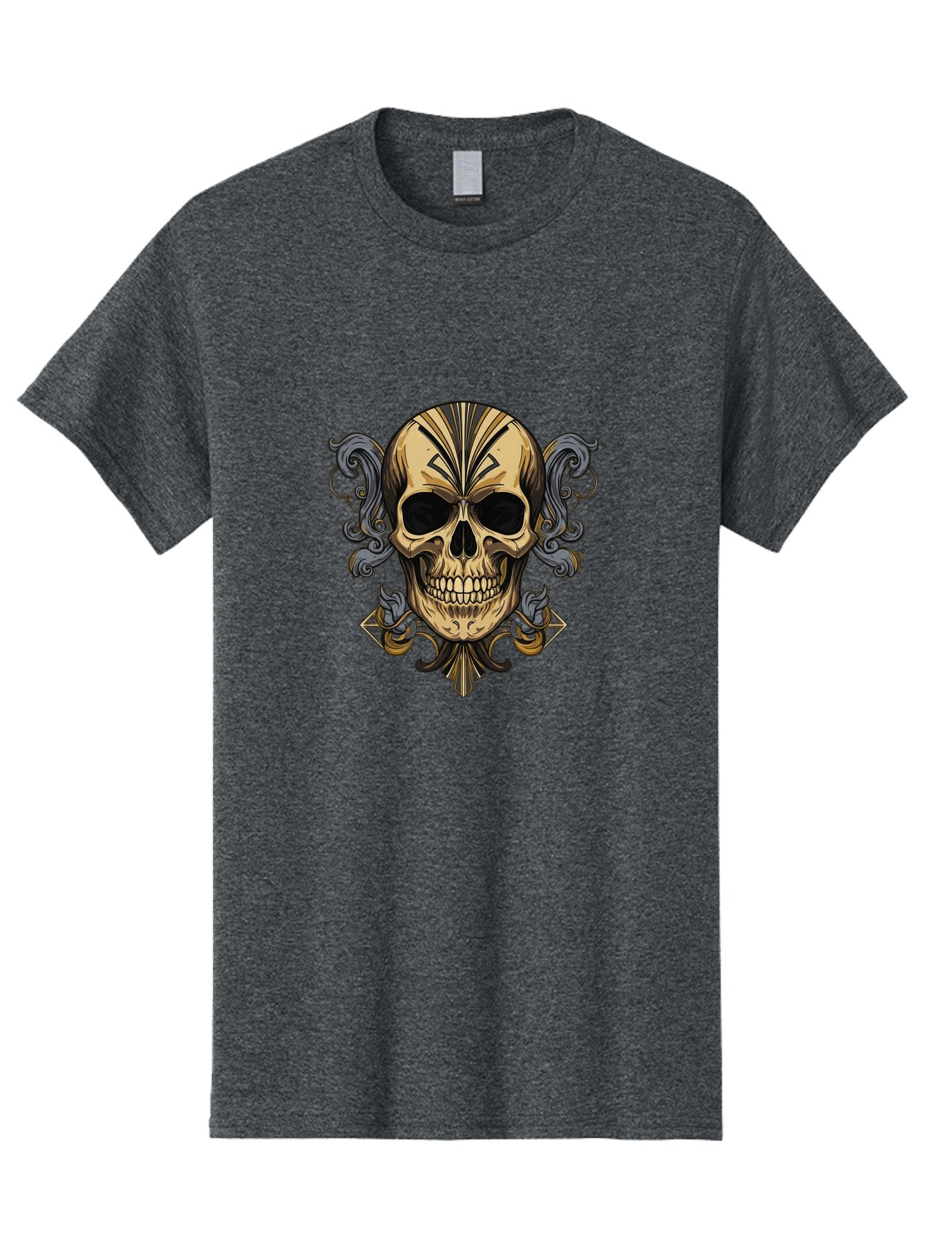 Tattoo-Skull Men'S Graphic Tee, 100% Cotton, Comfortable Casual Summer Wear, Machine Washable, Tribal Skull Art, Gold Skull, Black Tribal Patterns, Ornate Designs, Gothic Elements, Edgy Aesthetic, Skull Illustration, Day Of The Dead, Bad814 11