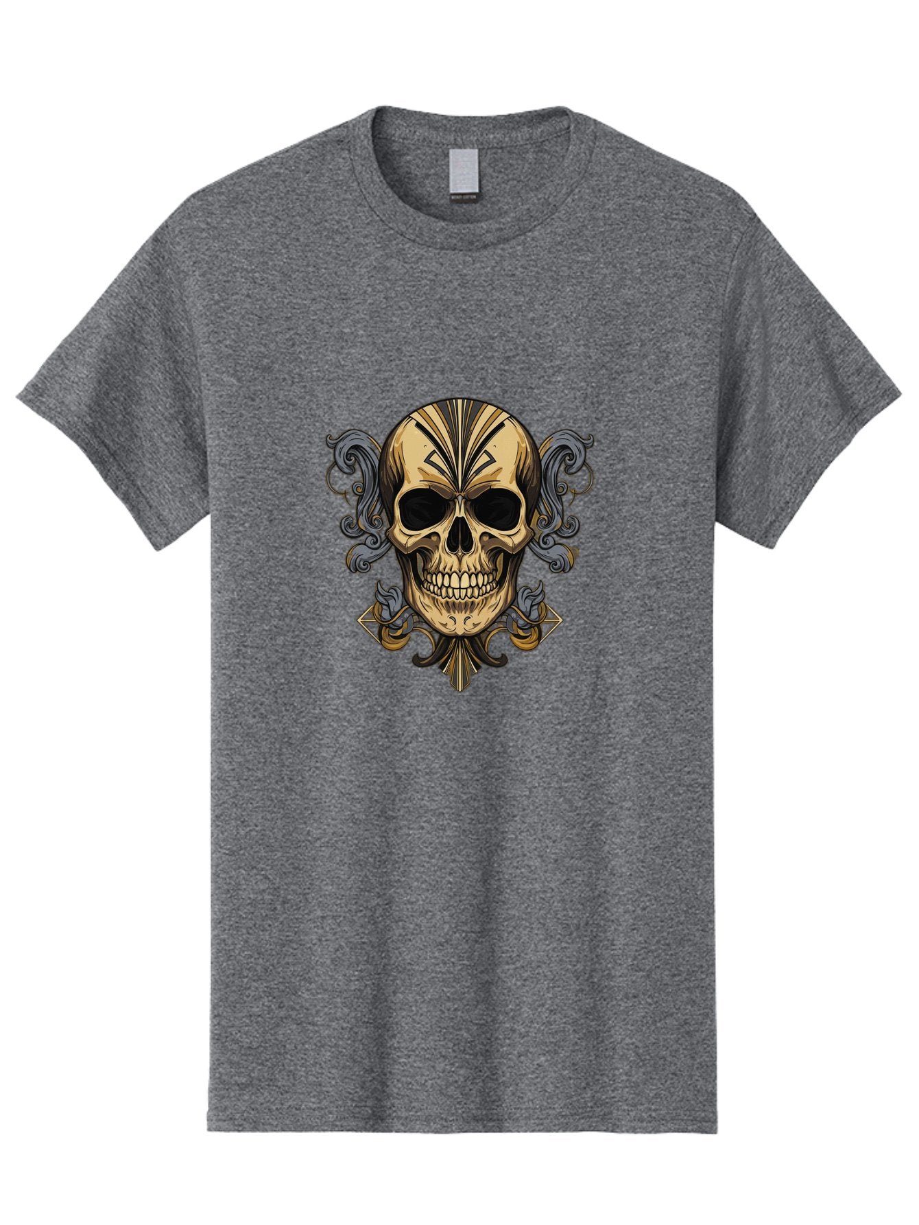 Tattoo-Skull Men'S Graphic Tee, 100% Cotton, Comfortable Casual Summer Wear, Machine Washable, Tribal Skull Art, Gold Skull, Black Tribal Patterns, Ornate Designs, Gothic Elements, Edgy Aesthetic, Skull Illustration, Day Of The Dead, Bad814 4