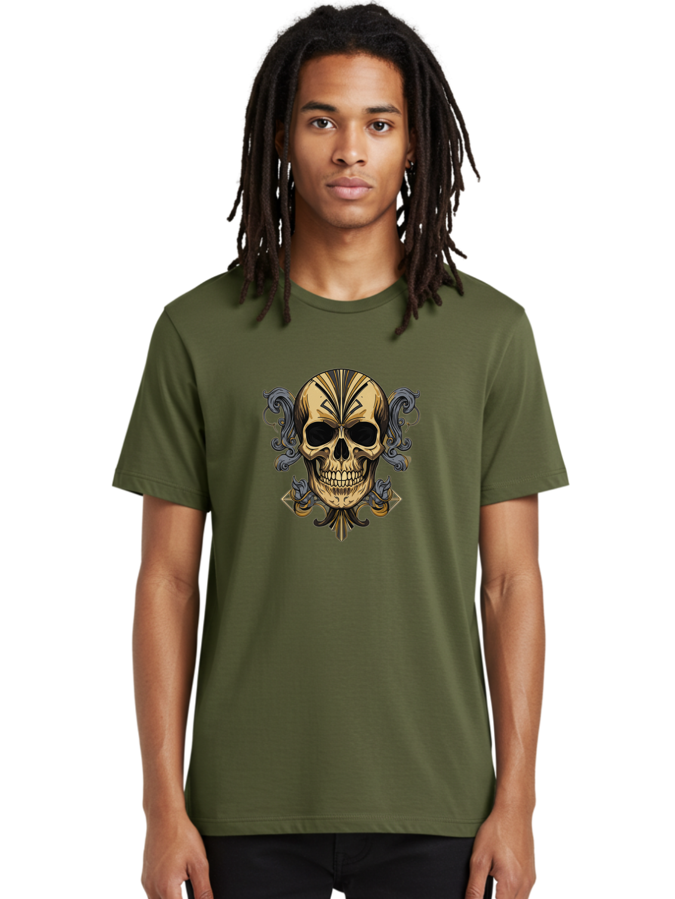Tattoo-Skull Men'S Graphic Tee, 100% Cotton, Comfortable Casual Summer Wear, Machine Washable, Tribal Skull Art, Gold Skull, Black Tribal Patterns, Ornate Designs, Gothic Elements, Edgy Aesthetic, Skull Illustration, Day Of The Dead, Bad814 30