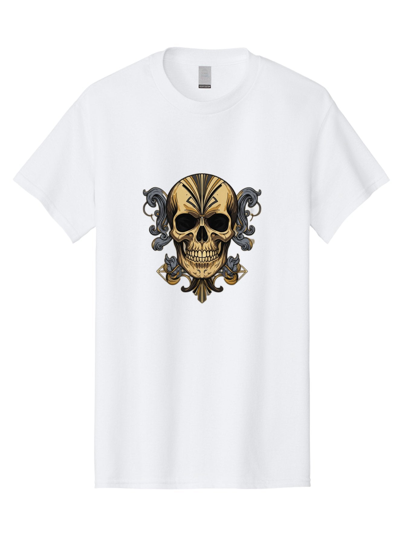 Tattoo-Skull Men'S Graphic Tee, 100% Cotton, Comfortable Casual Summer Wear, Machine Washable, Tribal Skull Art, Gold Skull, Black Tribal Patterns, Ornate Designs, Gothic Elements, Edgy Aesthetic, Skull Illustration, Day Of The Dead, Bad814 10