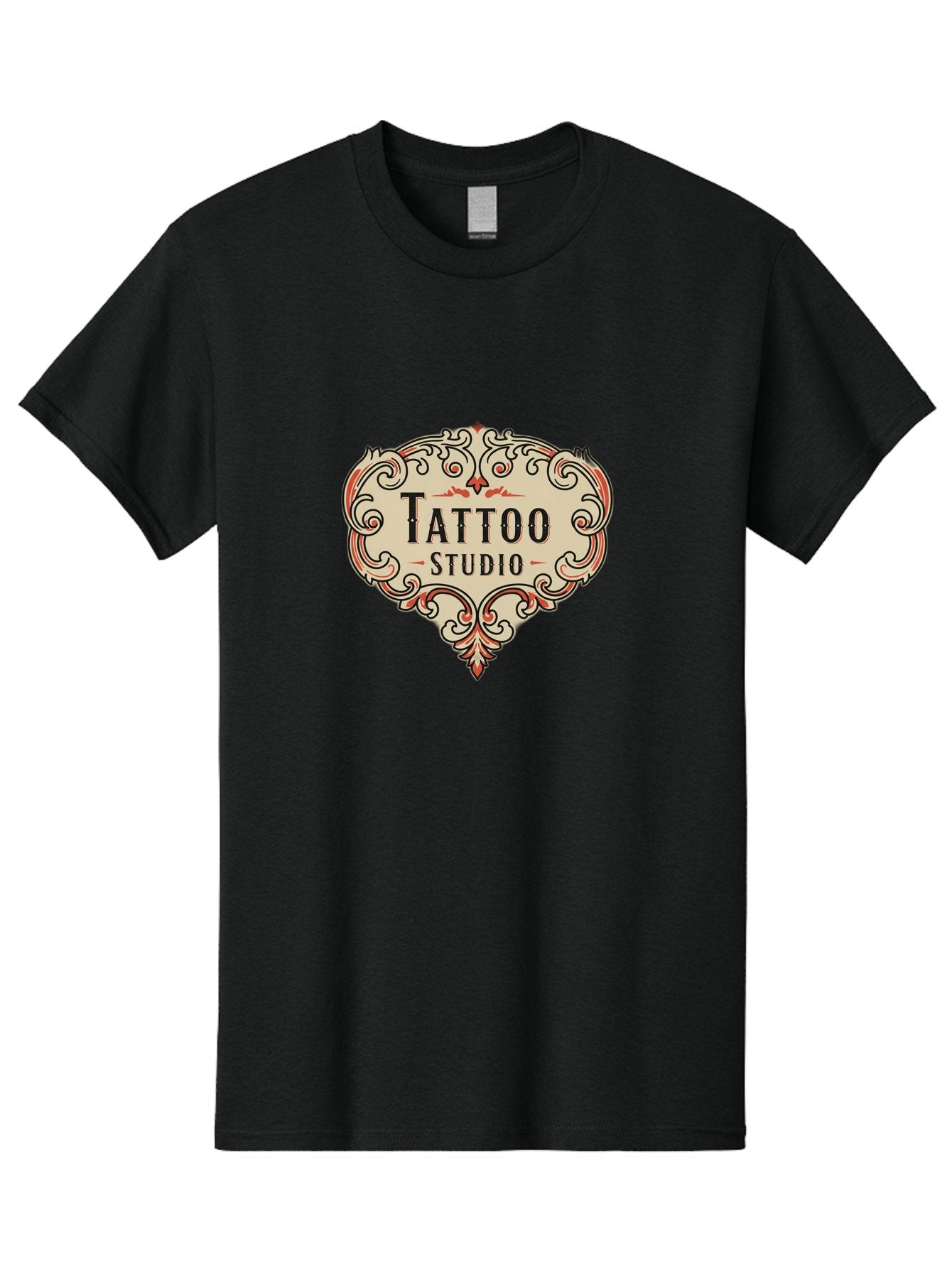 Tattoo-Studio-3 Men'S Graphic Tee, 100% Cotton, Comfortable Casual Summer Wear, Machine Washable, Tattoo Studio, Vintage Logo, Ornate Design, Red And Black Filigree, Body Art, Ink, Tattoo Parlor, Classic Style, Ornamental Art Bad817 3