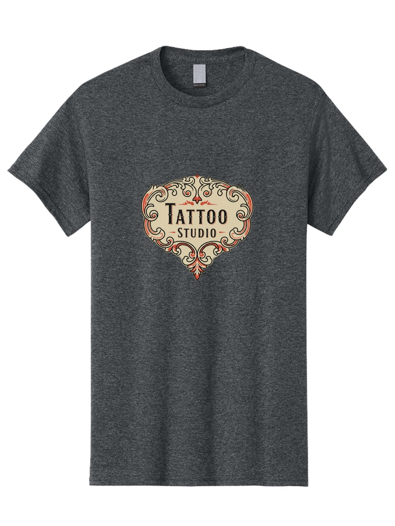 Tattoo-Studio-3 Men'S Graphic Tee, 100% Cotton, Comfortable Casual Summer Wear, Machine Washable, Tattoo Studio, Vintage Logo, Ornate Design, Red And Black Filigree, Body Art, Ink, Tattoo Parlor, Classic Style, Ornamental Art Bad817