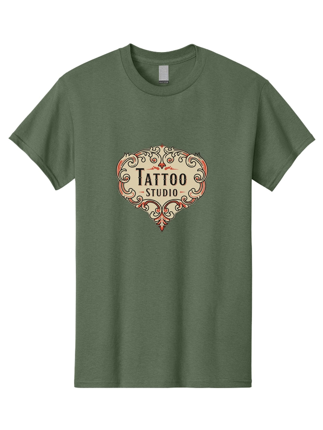 Tattoo-Studio-3 Men'S Graphic Tee, 100% Cotton, Comfortable Casual Summer Wear, Machine Washable, Tattoo Studio, Vintage Logo, Ornate Design, Red And Black Filigree, Body Art, Ink, Tattoo Parlor, Classic Style, Ornamental Art Bad817 4