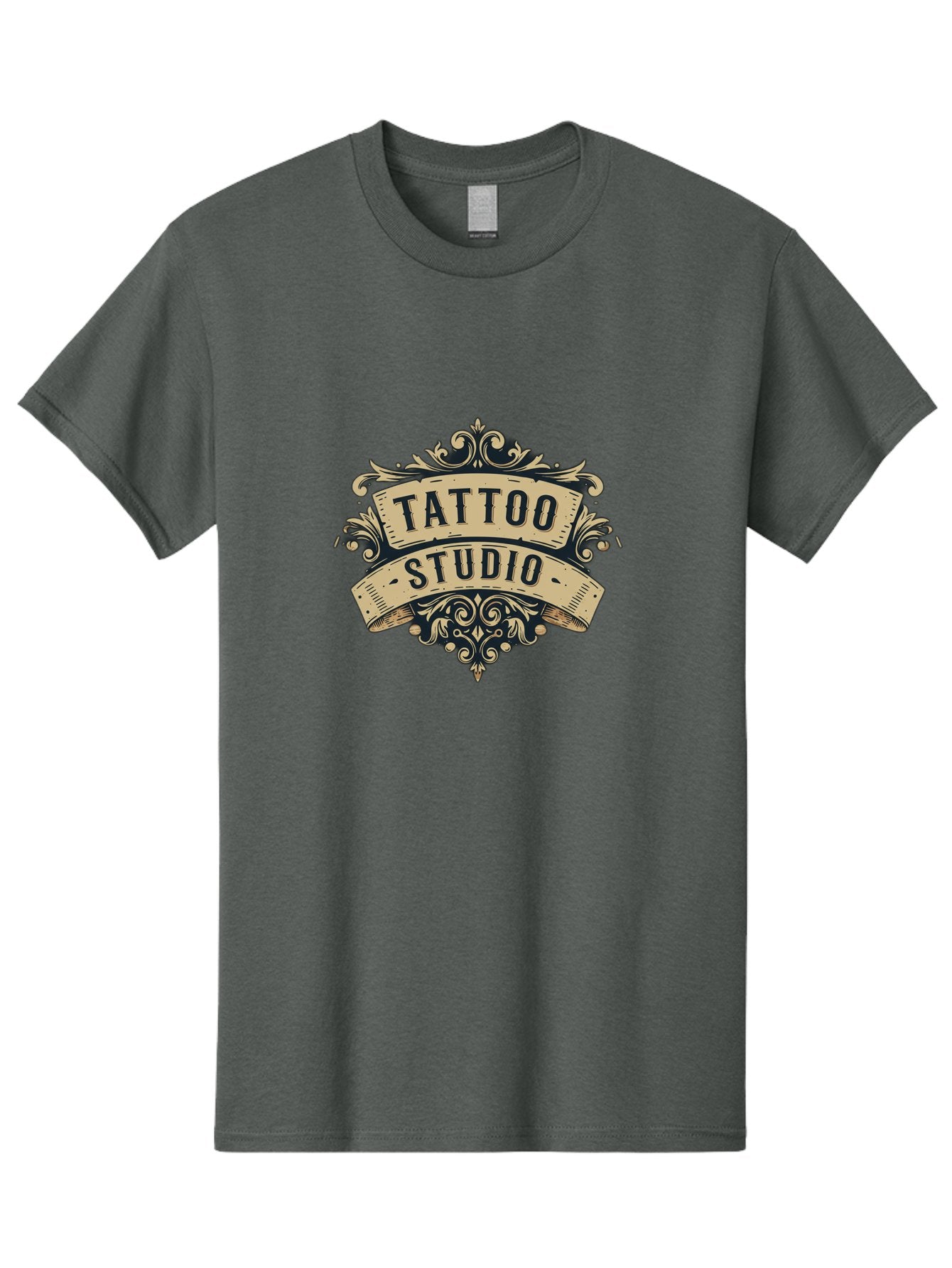 Tattoo-Studio-6 Men'S Graphic Tee, 100% Cotton, Comfortable Casual Summer Wear, Machine Washable, Tattoo Studio Logo, Vintage Design, Ornate Elements, Banner Style, Tattoo Art, Body Art, Tattoo Parlor, Decorative Flourish, Unique Typography, Bad820 12