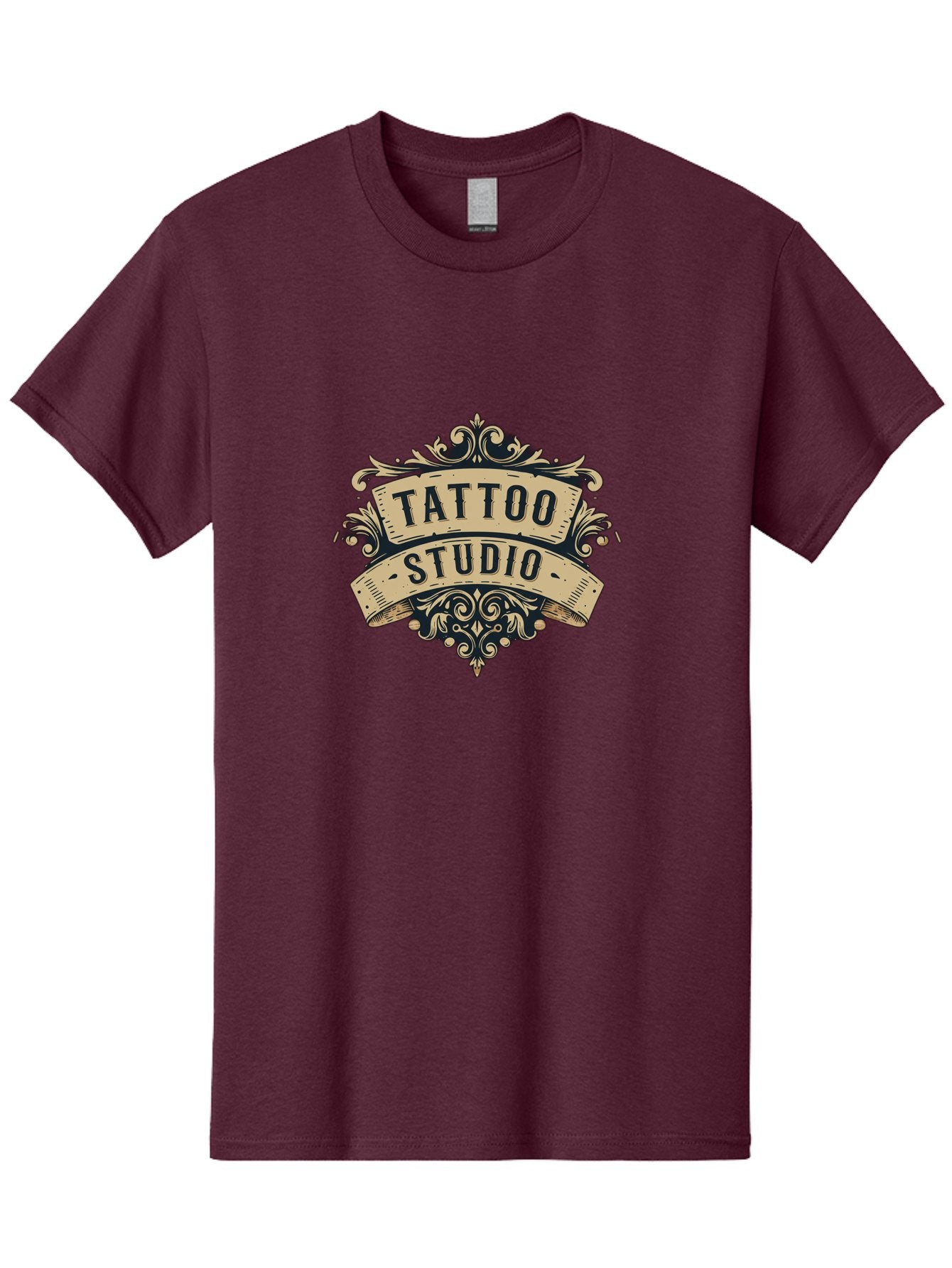 Tattoo-Studio-6 Men'S Graphic Tee, 100% Cotton, Comfortable Casual Summer Wear, Machine Washable, Tattoo Studio Logo, Vintage Design, Ornate Elements, Banner Style, Tattoo Art, Body Art, Tattoo Parlor, Decorative Flourish, Unique Typography, Bad820