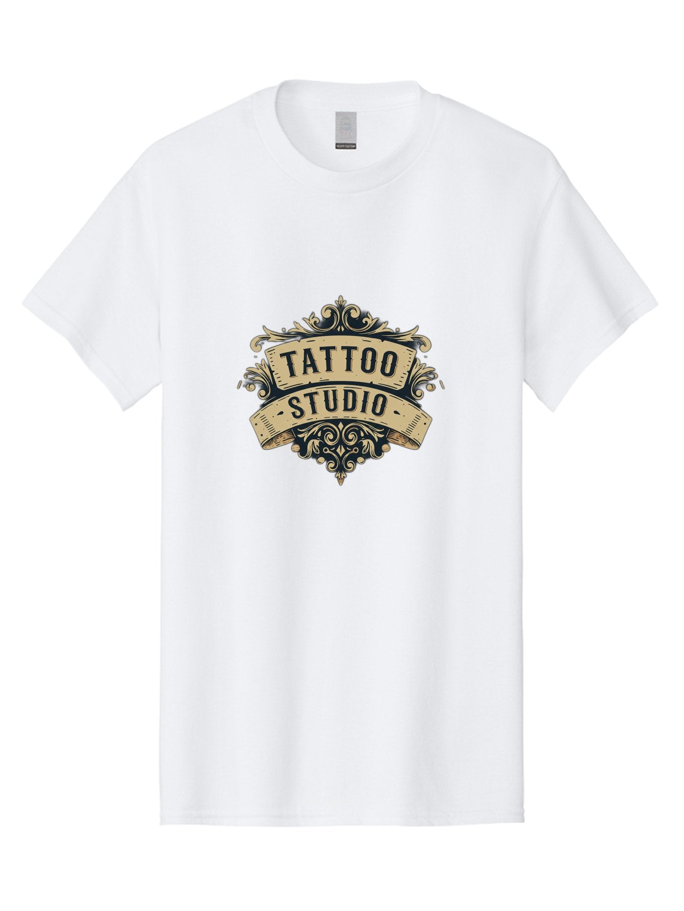 Tattoo-Studio-6 Men'S Graphic Tee, 100% Cotton, Comfortable Casual Summer Wear, Machine Washable, Tattoo Studio Logo, Vintage Design, Ornate Elements, Banner Style, Tattoo Art, Body Art, Tattoo Parlor, Decorative Flourish, Unique Typography, Bad820 4