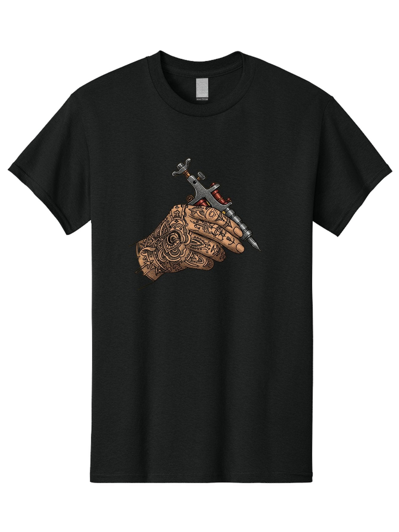 Tattooed-Hand-Holding-Tattoo-Machine-1 Men'S Graphic Tee, 100% Cotton, Comfortable Casual Summer Wear, Machine Washable, Tattoo Machine, Tattooed Hand, Intricate Designs, Body Art, Tattoo Culture, Artistry, Creativity, Self-Expression, Bad825 4