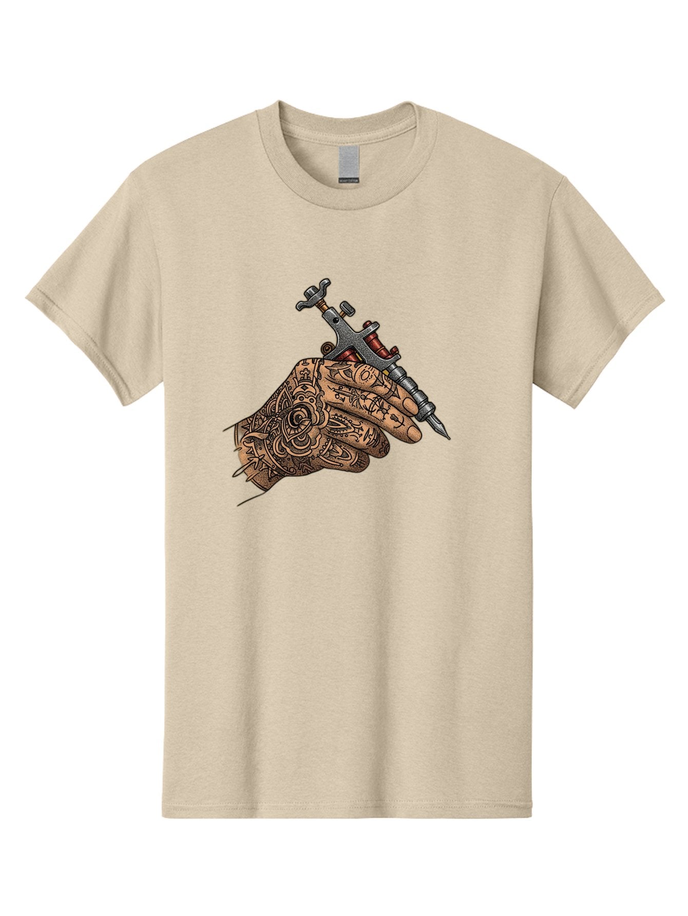 Tattooed-Hand-Holding-Tattoo-Machine-1 Men'S Graphic Tee, 100% Cotton, Comfortable Casual Summer Wear, Machine Washable, Tattoo Machine, Tattooed Hand, Intricate Designs, Body Art, Tattoo Culture, Artistry, Creativity, Self-Expression, Bad825 5