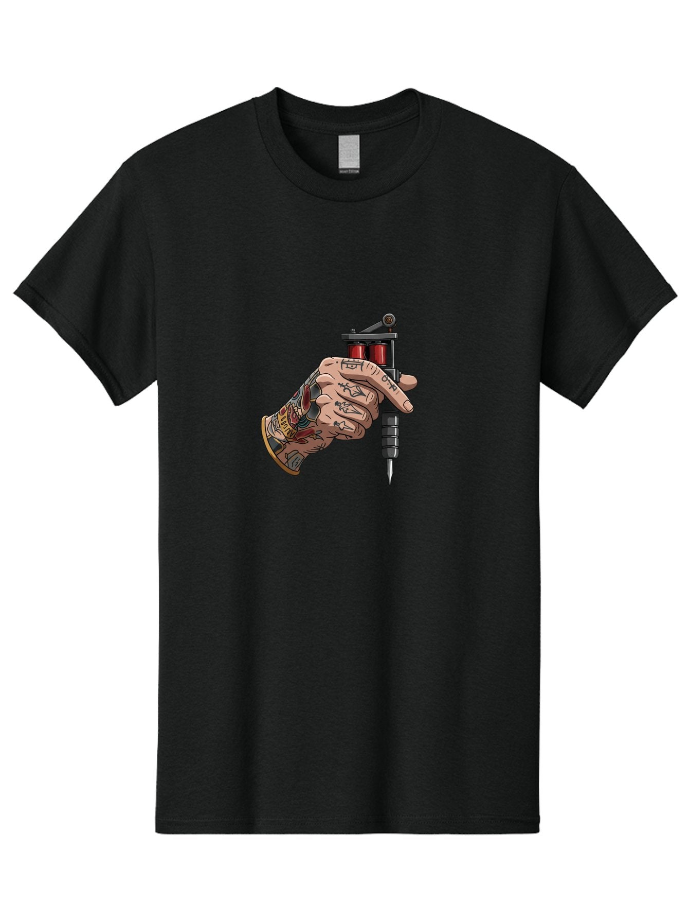 Tattooed-Hand-Holding-Tattoo-Machine Men'S Graphic Tee, 100% Cotton, Comfortable Casual Summer Wear, Machine Washable, Tattooed Hand, Cartoon Illustration, Tattoo Machine, Ink Art, Body Art, Tattoo Culture, Body Modification Bad826 3