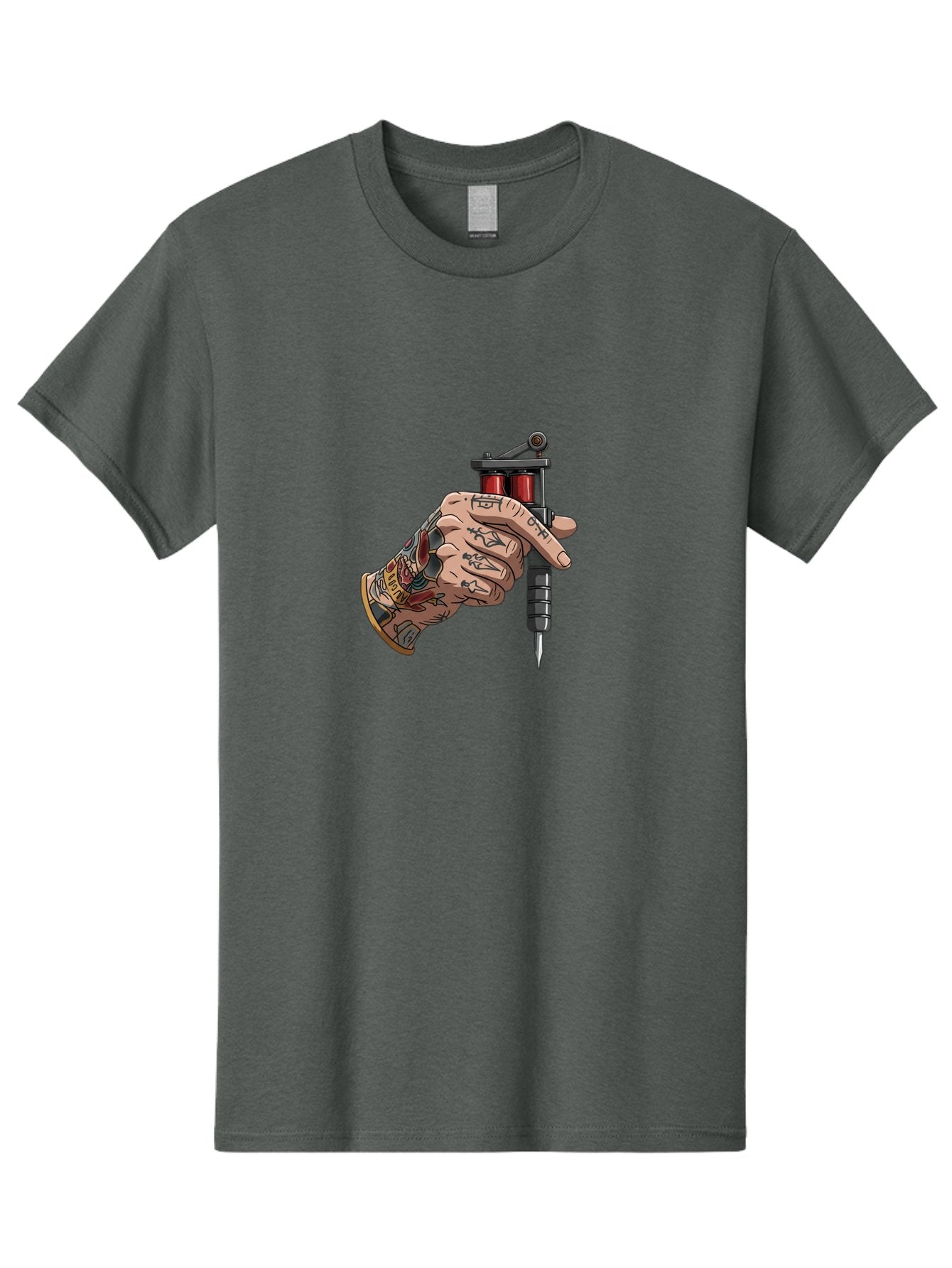 Tattooed-Hand-Holding-Tattoo-Machine Men'S Graphic Tee, 100% Cotton, Comfortable Casual Summer Wear, Machine Washable, Tattooed Hand, Cartoon Illustration, Tattoo Machine, Ink Art, Body Art, Tattoo Culture, Body Modification Bad826 8