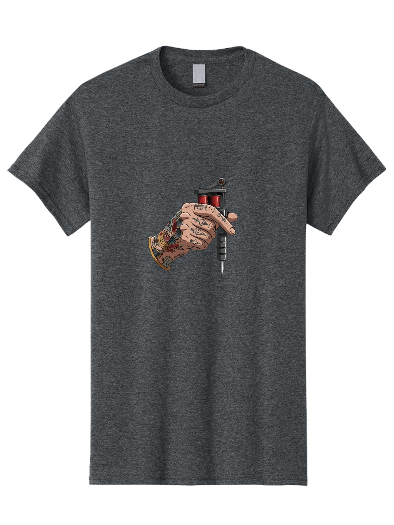 Tattooed-Hand-Holding-Tattoo-Machine Men'S Graphic Tee, 100% Cotton, Comfortable Casual Summer Wear, Machine Washable, Tattooed Hand, Cartoon Illustration, Tattoo Machine, Ink Art, Body Art, Tattoo Culture, Body Modification Bad826 6