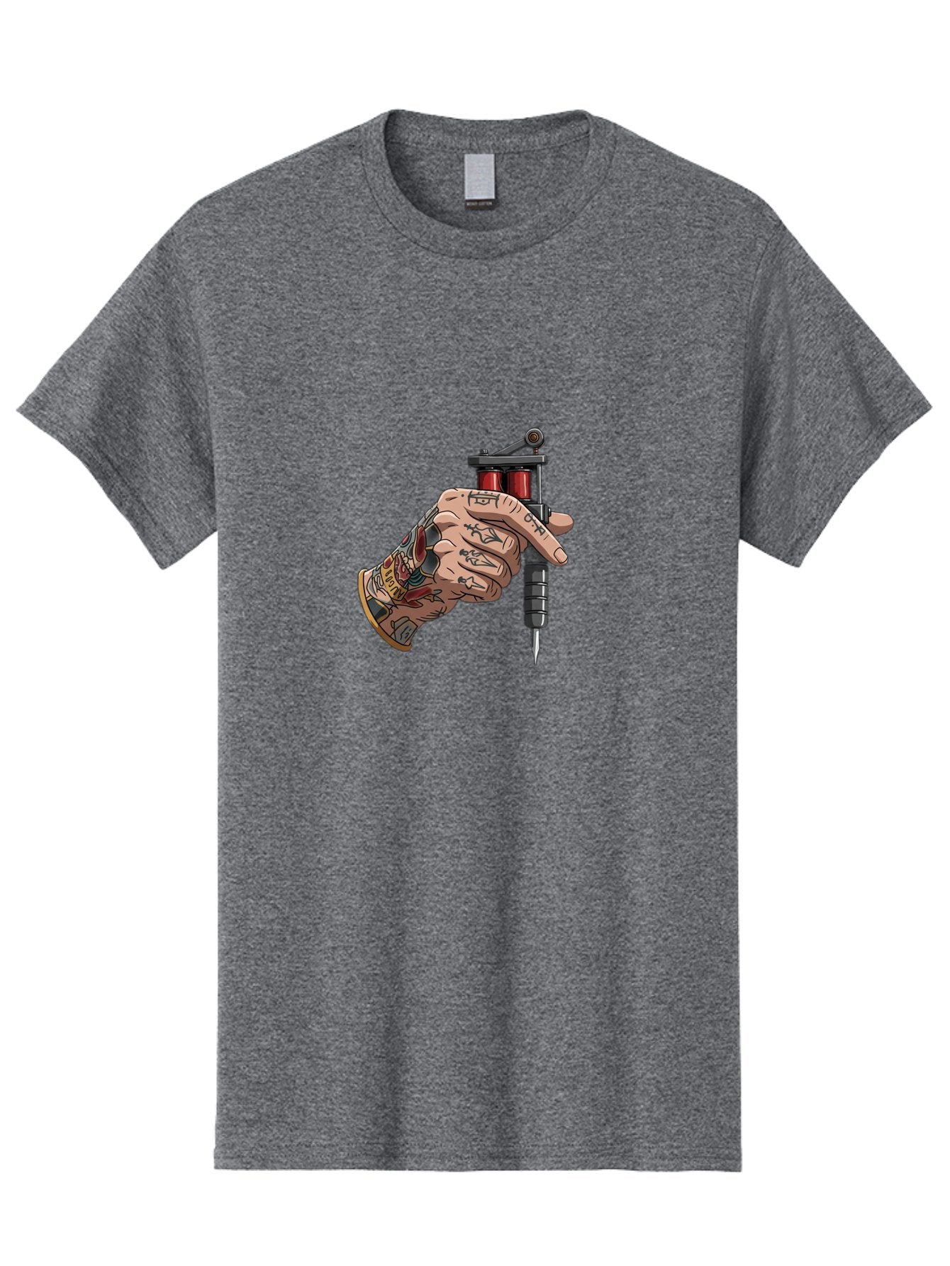 Tattooed-Hand-Holding-Tattoo-Machine Men'S Graphic Tee, 100% Cotton, Comfortable Casual Summer Wear, Machine Washable, Tattooed Hand, Cartoon Illustration, Tattoo Machine, Ink Art, Body Art, Tattoo Culture, Body Modification Bad826
