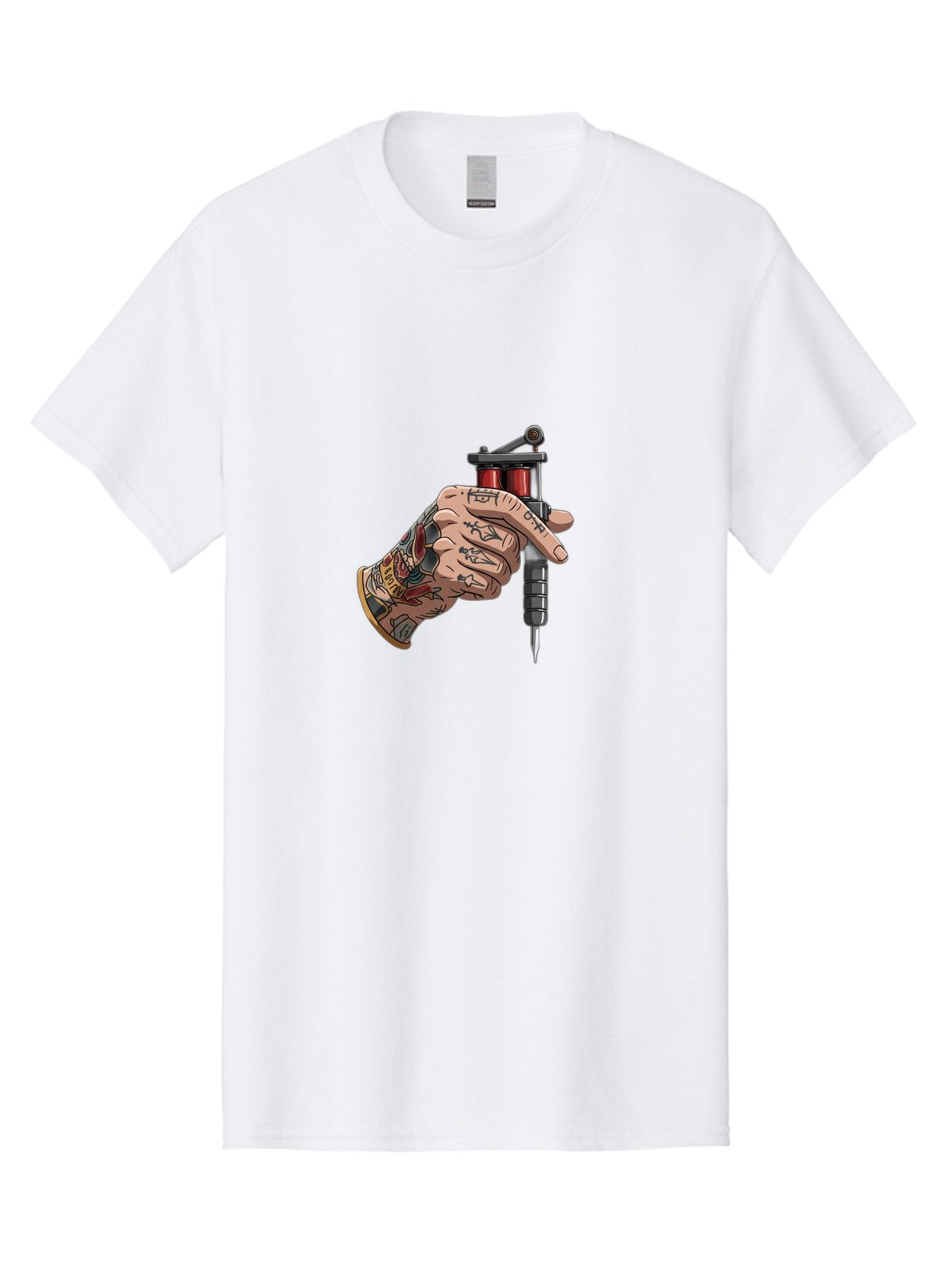 Tattooed-Hand-Holding-Tattoo-Machine Men'S Graphic Tee, 100% Cotton, Comfortable Casual Summer Wear, Machine Washable, Tattooed Hand, Cartoon Illustration, Tattoo Machine, Ink Art, Body Art, Tattoo Culture, Body Modification Bad826 11