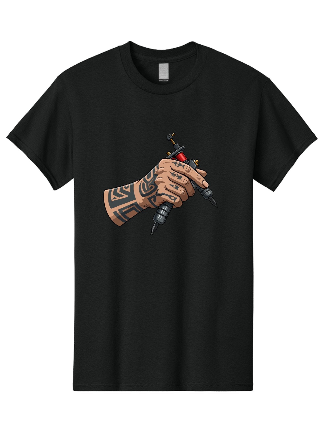 Tattooed-Hand-Holding-Tattoo-Machines Men'S Graphic Tee, 100% Cotton, Comfortable Casual Summer Wear, Machine Washable, Tattooed Hand, Tattoo Machines, Body Art, Ink, Tattoo Artist, Tribal Patterns, Black Ink, Graphic Illustration, Bad827 7