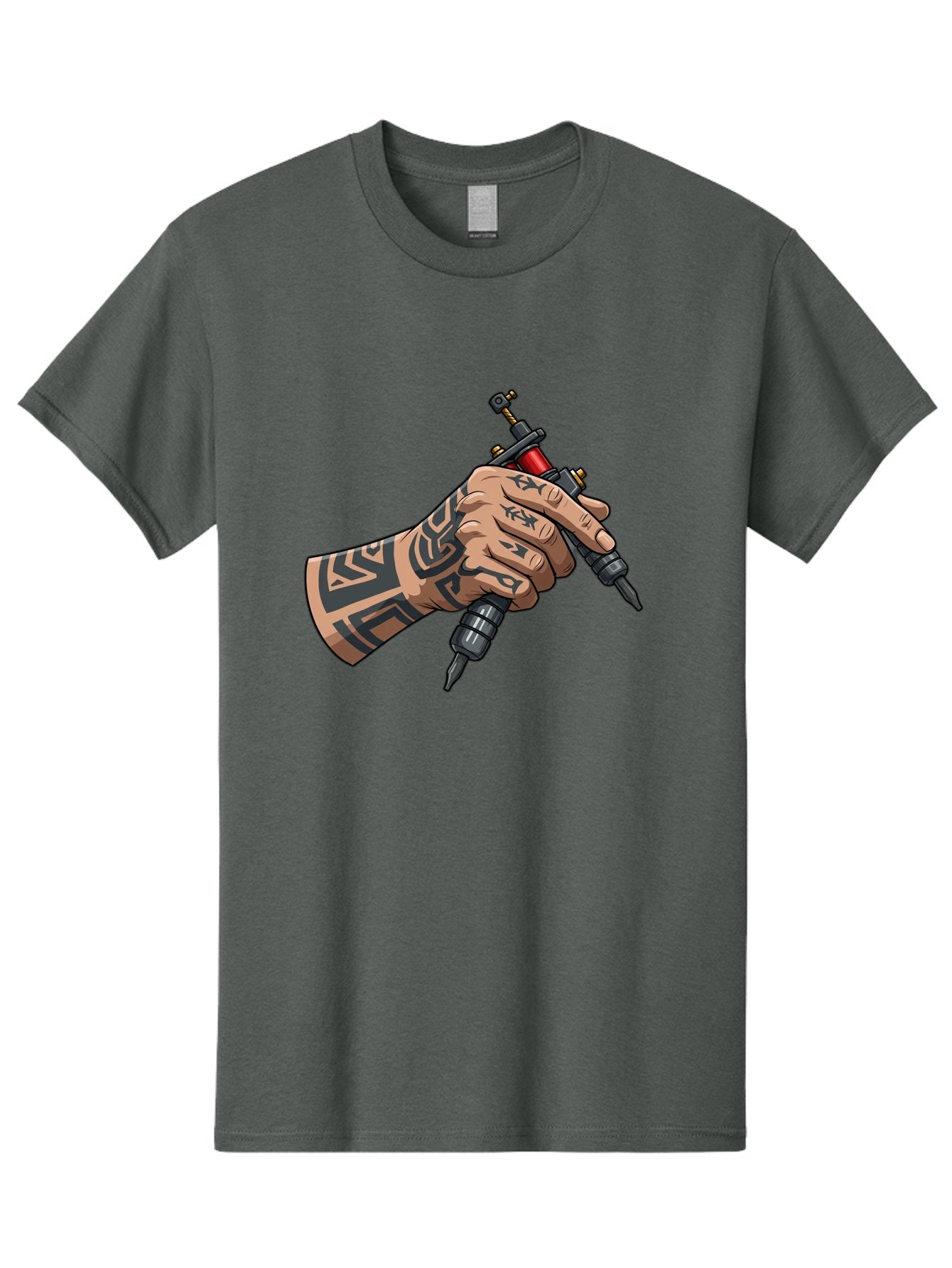 Tattooed-Hand-Holding-Tattoo-Machines Men'S Graphic Tee, 100% Cotton, Comfortable Casual Summer Wear, Machine Washable, Tattooed Hand, Tattoo Machines, Body Art, Ink, Tattoo Artist, Tribal Patterns, Black Ink, Graphic Illustration, Bad827 5