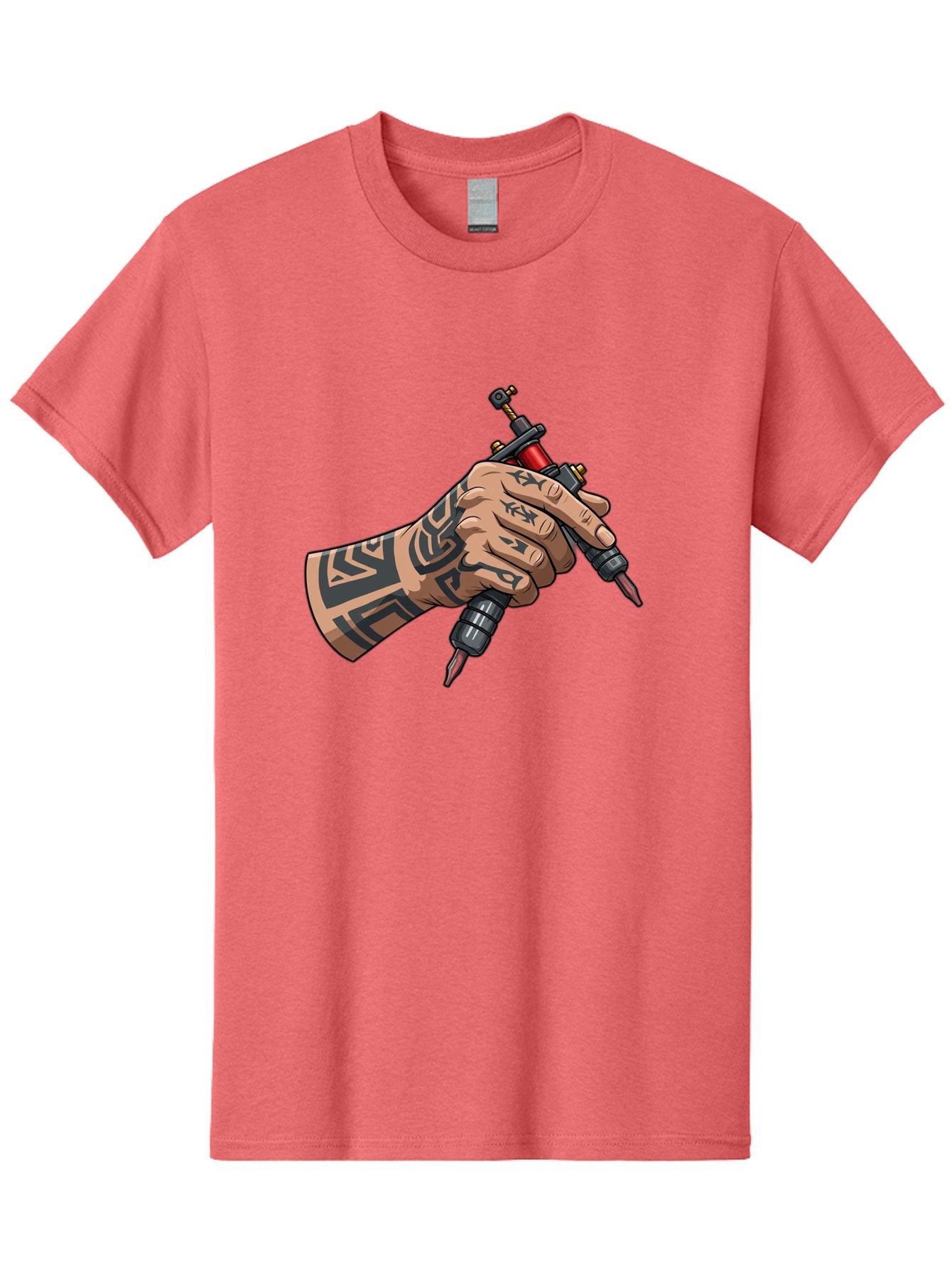 Tattooed-Hand-Holding-Tattoo-Machines Men'S Graphic Tee, 100% Cotton, Comfortable Casual Summer Wear, Machine Washable, Tattooed Hand, Tattoo Machines, Body Art, Ink, Tattoo Artist, Tribal Patterns, Black Ink, Graphic Illustration, Bad827