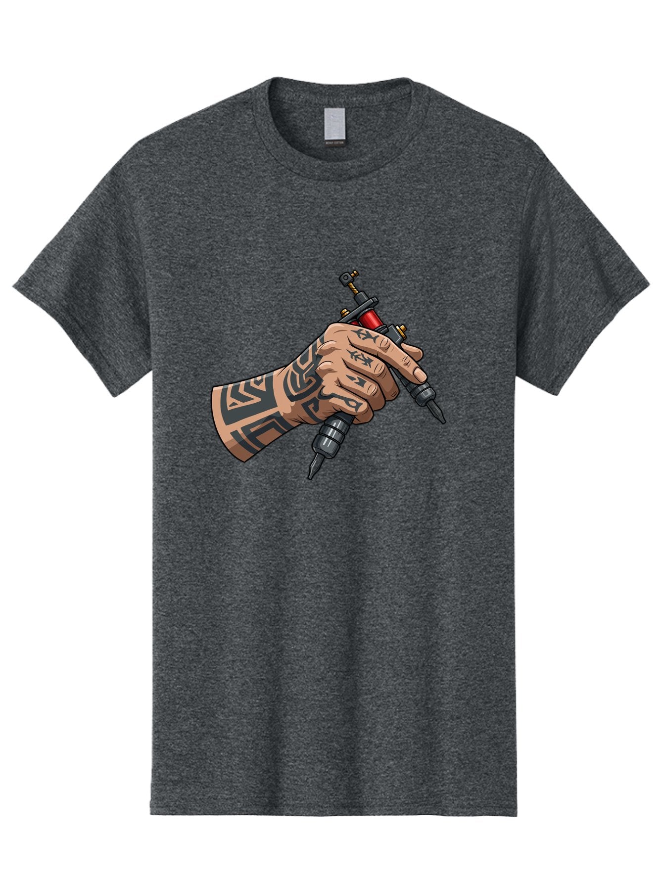 Tattooed-Hand-Holding-Tattoo-Machines Men'S Graphic Tee, 100% Cotton, Comfortable Casual Summer Wear, Machine Washable, Tattooed Hand, Tattoo Machines, Body Art, Ink, Tattoo Artist, Tribal Patterns, Black Ink, Graphic Illustration, Bad827 15