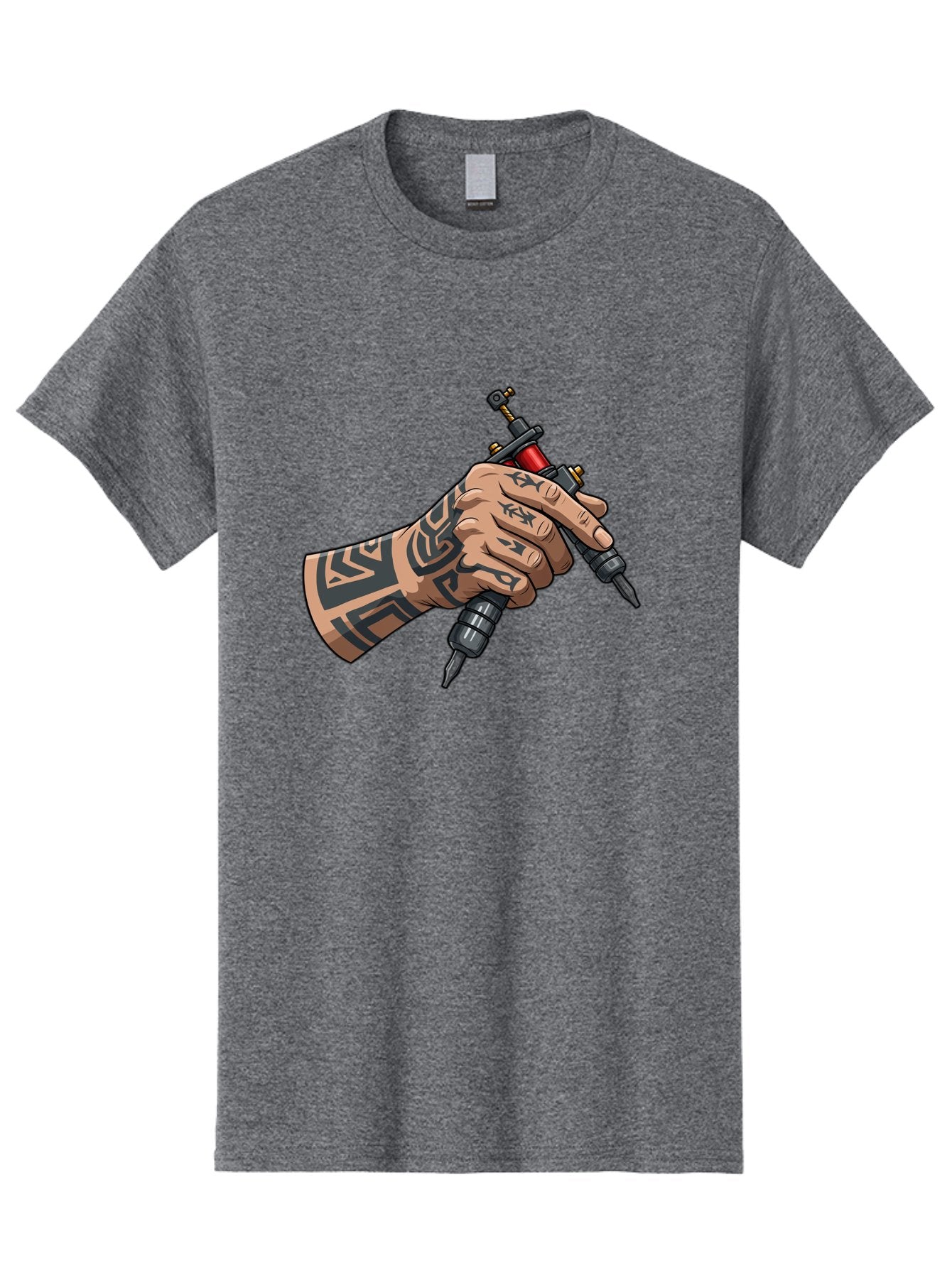 Tattooed-Hand-Holding-Tattoo-Machines Men'S Graphic Tee, 100% Cotton, Comfortable Casual Summer Wear, Machine Washable, Tattooed Hand, Tattoo Machines, Body Art, Ink, Tattoo Artist, Tribal Patterns, Black Ink, Graphic Illustration, Bad827 6