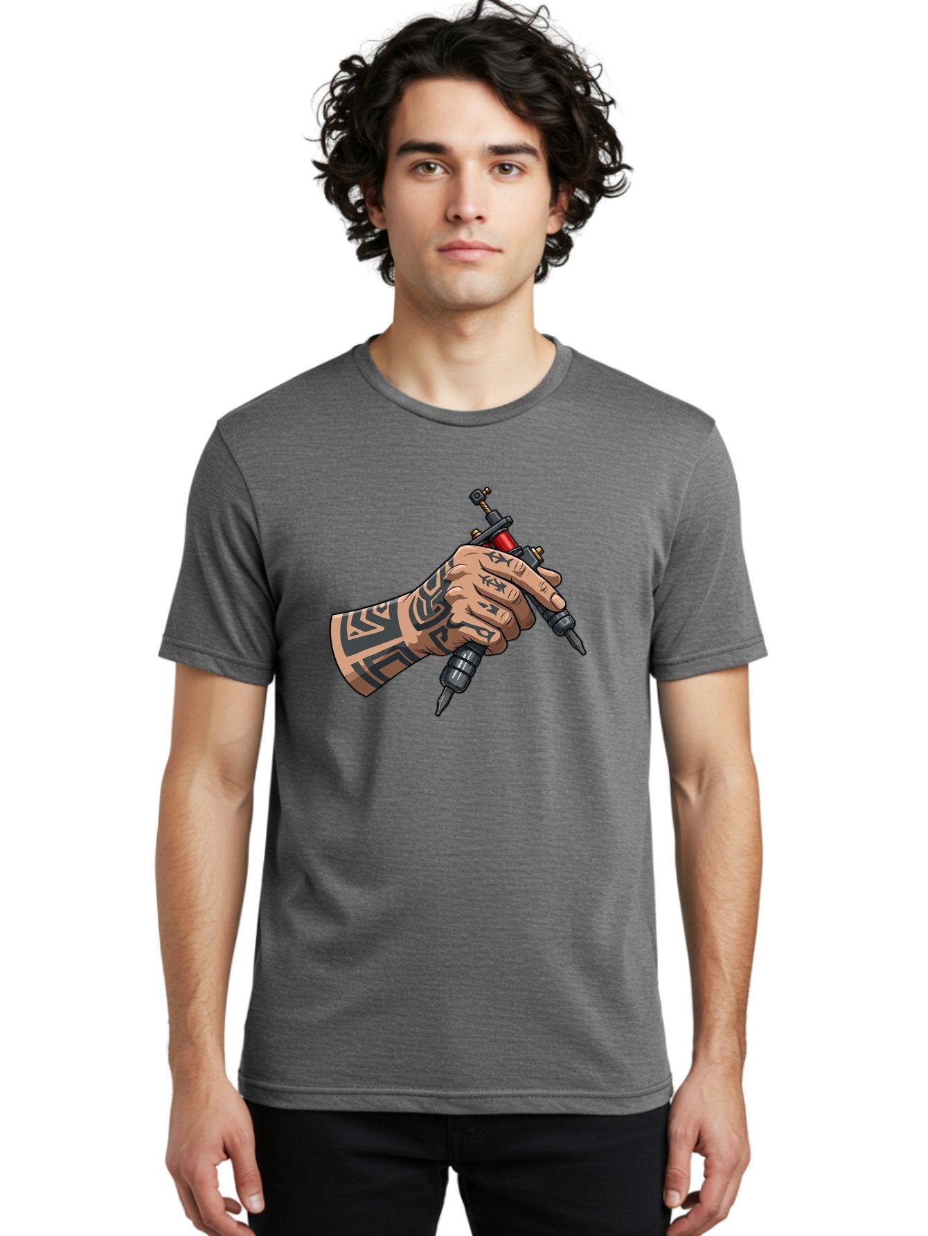 Tattooed-Hand-Holding-Tattoo-Machines Men'S Graphic Tee, 100% Cotton, Comfortable Casual Summer Wear, Machine Washable, Tattooed Hand, Tattoo Machines, Body Art, Ink, Tattoo Artist, Tribal Patterns, Black Ink, Graphic Illustration, Bad827 24