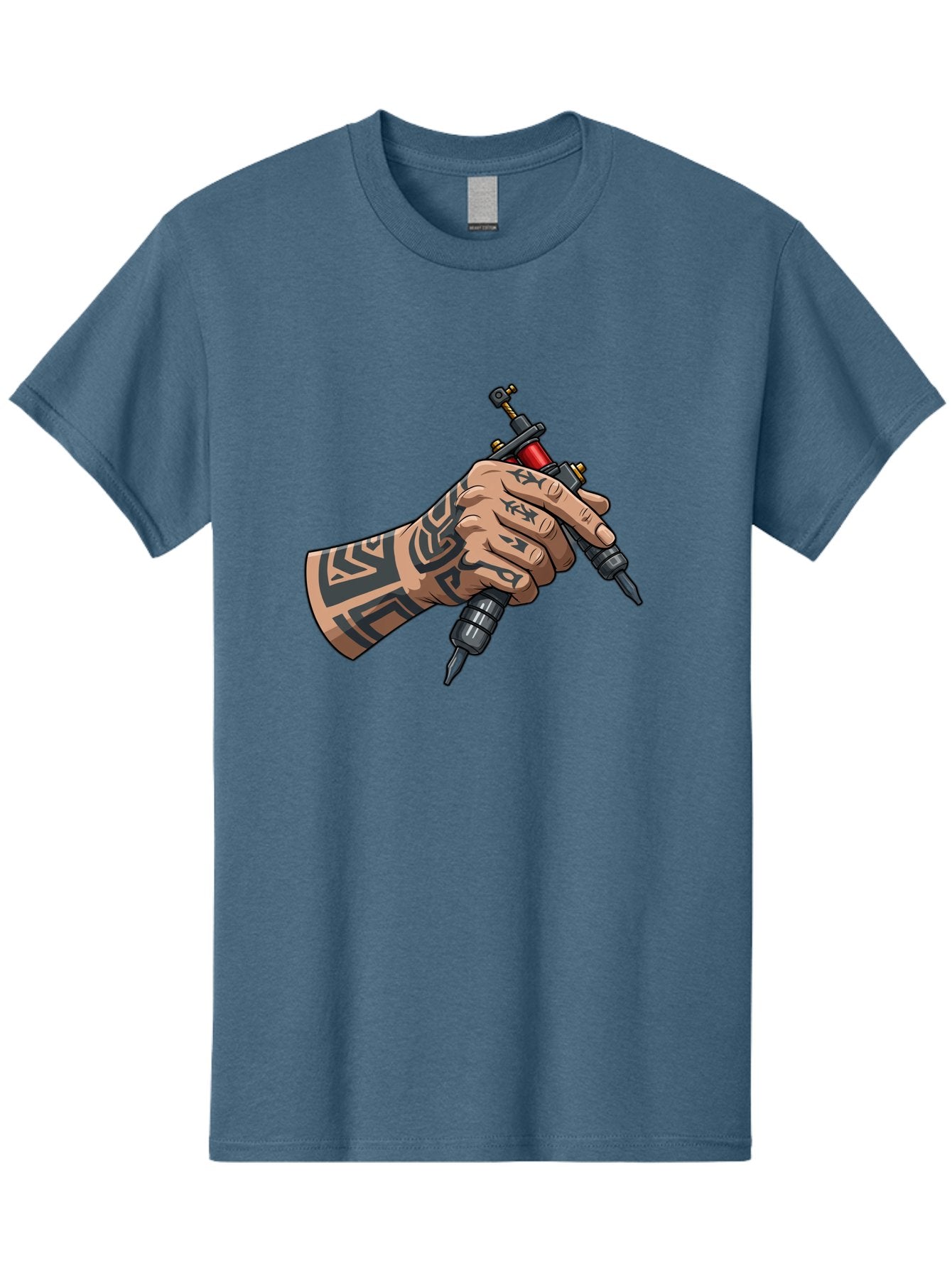 Tattooed-Hand-Holding-Tattoo-Machines Men'S Graphic Tee, 100% Cotton, Comfortable Casual Summer Wear, Machine Washable, Tattooed Hand, Tattoo Machines, Body Art, Ink, Tattoo Artist, Tribal Patterns, Black Ink, Graphic Illustration, Bad827 9