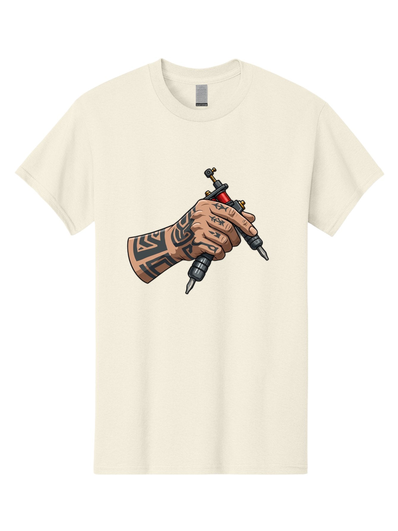 Tattooed-Hand-Holding-Tattoo-Machines Men'S Graphic Tee, 100% Cotton, Comfortable Casual Summer Wear, Machine Washable, Tattooed Hand, Tattoo Machines, Body Art, Ink, Tattoo Artist, Tribal Patterns, Black Ink, Graphic Illustration, Bad827