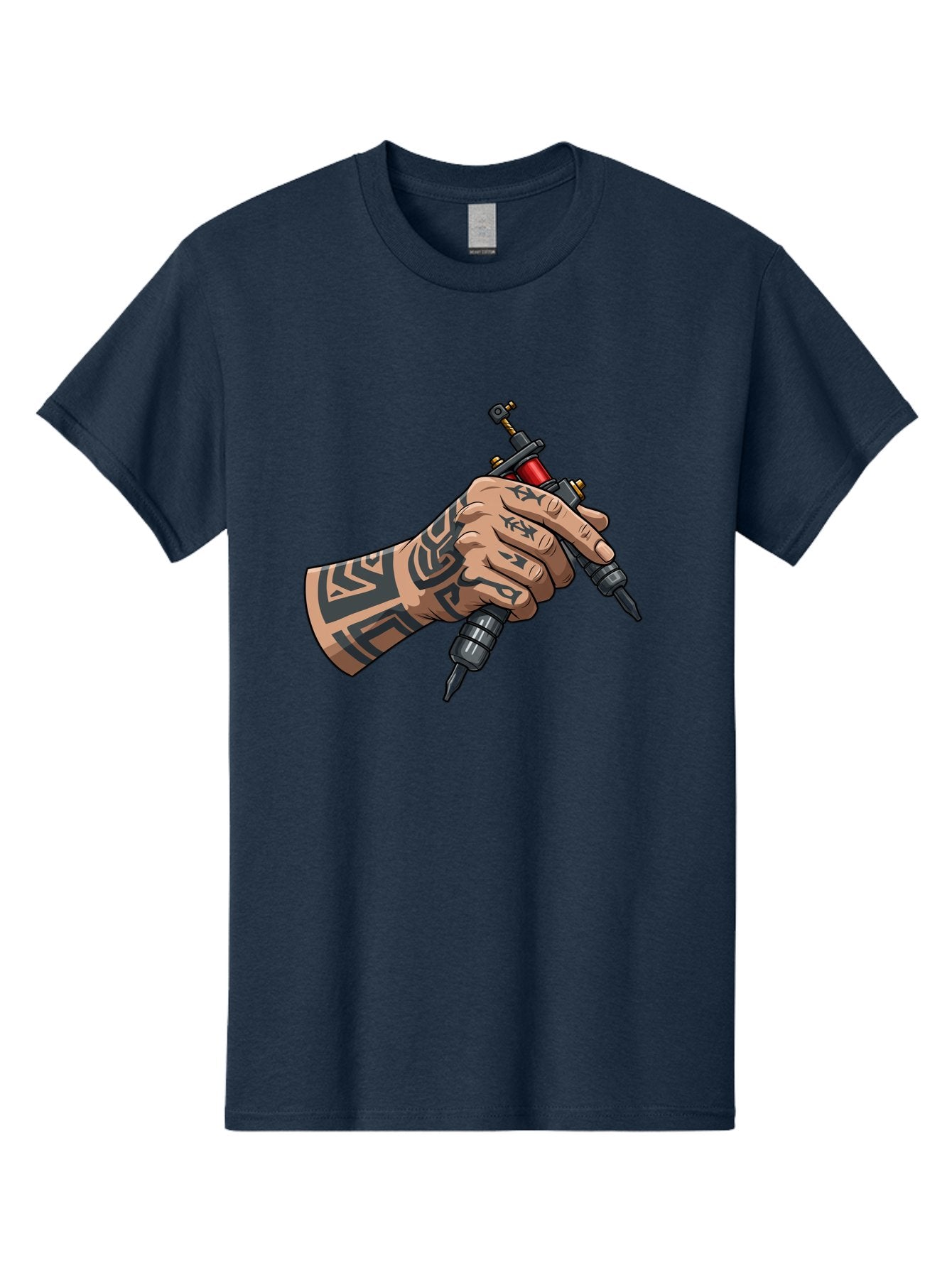 Tattooed-Hand-Holding-Tattoo-Machines Men'S Graphic Tee, 100% Cotton, Comfortable Casual Summer Wear, Machine Washable, Tattooed Hand, Tattoo Machines, Body Art, Ink, Tattoo Artist, Tribal Patterns, Black Ink, Graphic Illustration, Bad827 14