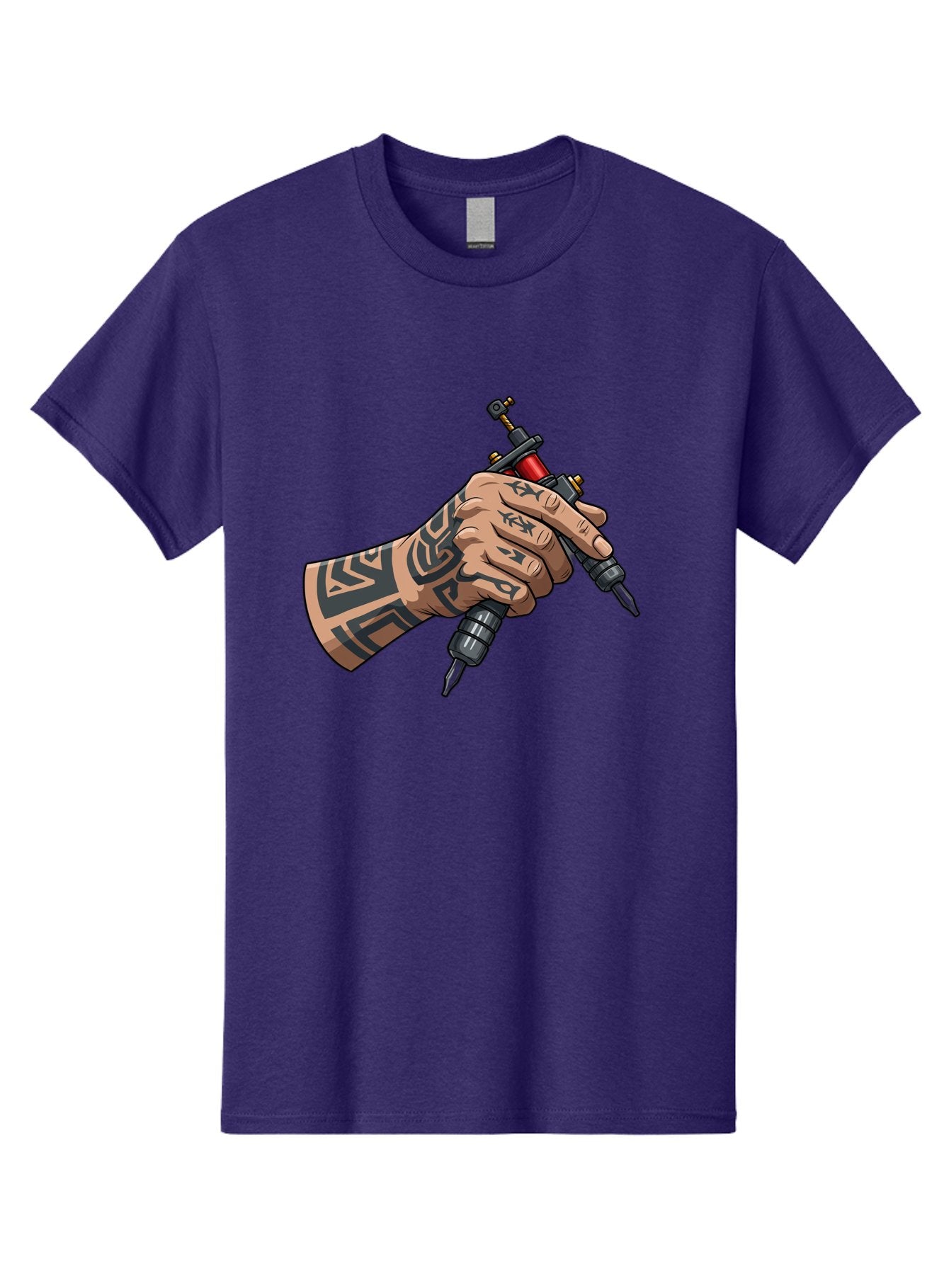 Tattooed-Hand-Holding-Tattoo-Machines Men'S Graphic Tee, 100% Cotton, Comfortable Casual Summer Wear, Machine Washable, Tattooed Hand, Tattoo Machines, Body Art, Ink, Tattoo Artist, Tribal Patterns, Black Ink, Graphic Illustration, Bad827 8