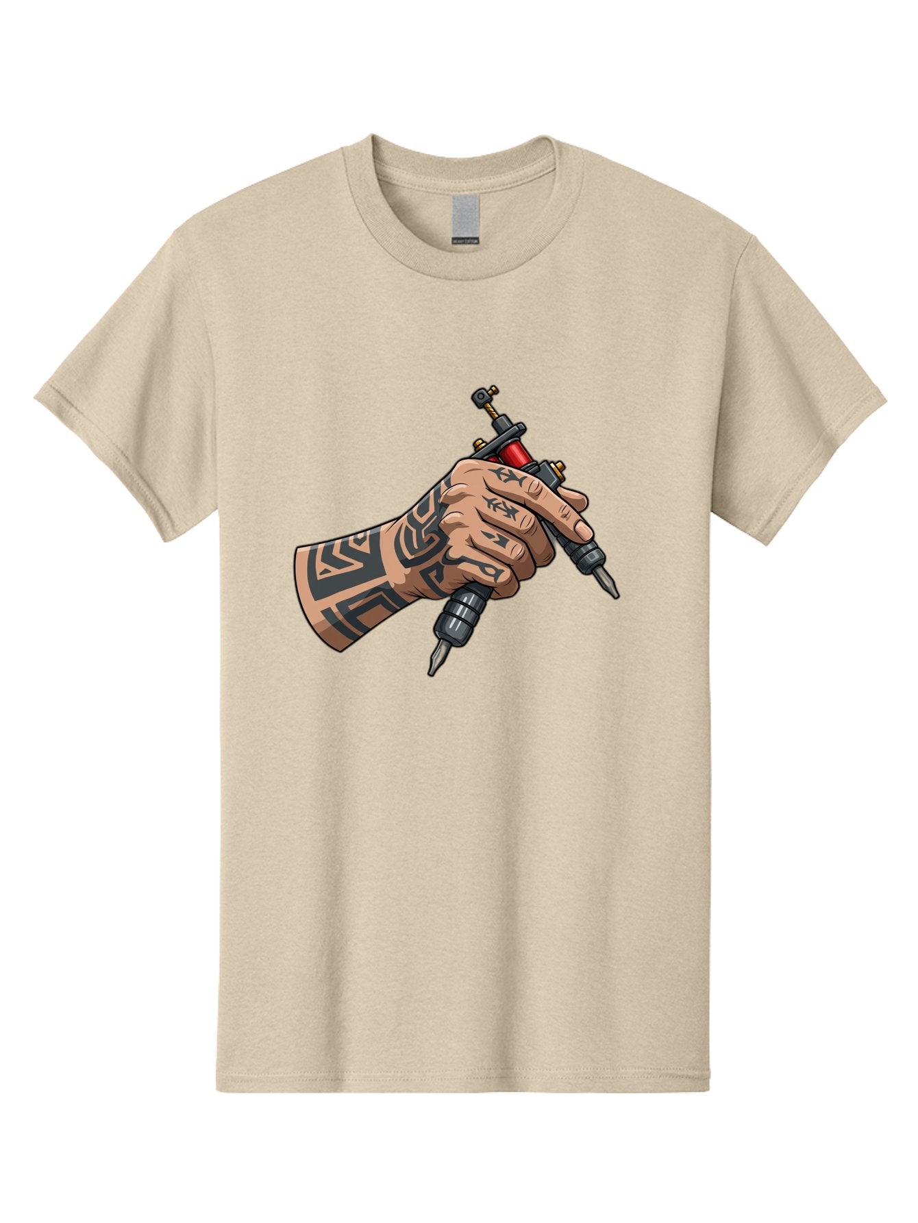 Tattooed-Hand-Holding-Tattoo-Machines Men'S Graphic Tee, 100% Cotton, Comfortable Casual Summer Wear, Machine Washable, Tattooed Hand, Tattoo Machines, Body Art, Ink, Tattoo Artist, Tribal Patterns, Black Ink, Graphic Illustration, Bad827 4