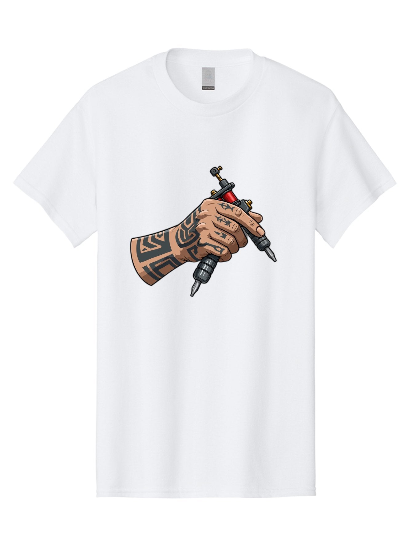 Tattooed-Hand-Holding-Tattoo-Machines Men'S Graphic Tee, 100% Cotton, Comfortable Casual Summer Wear, Machine Washable, Tattooed Hand, Tattoo Machines, Body Art, Ink, Tattoo Artist, Tribal Patterns, Black Ink, Graphic Illustration, Bad827 10