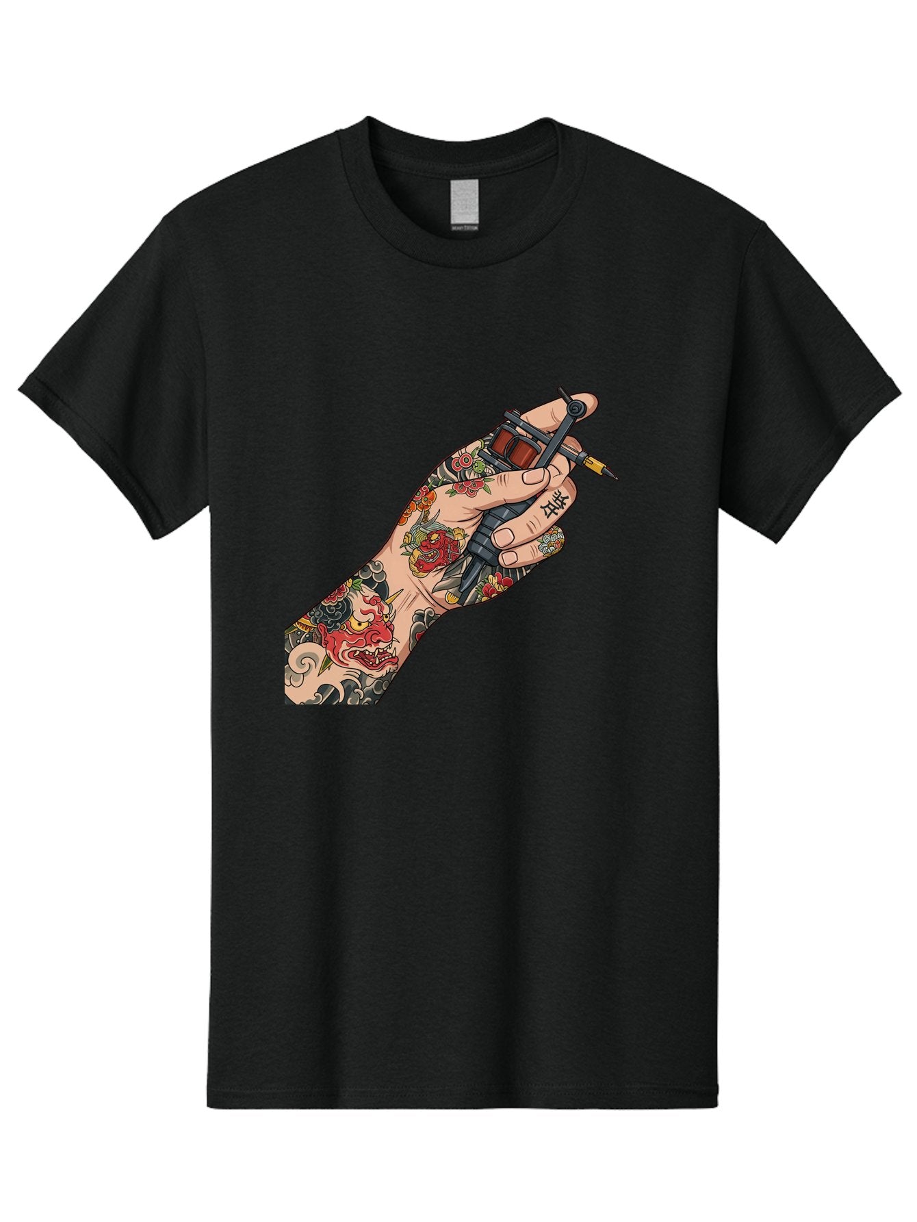 Tattooed-Hand Men'S Graphic Tee, 100% Cotton, Comfortable Casual Summer Wear, Machine Washable, Tattooed Hand, Tattoo Machine, Body Art, Ink, Tattoo Artist, Artful Expression, Vibrant Tattoos, Dragon Design, Traditional Japanese Tattoo, Bad828 10