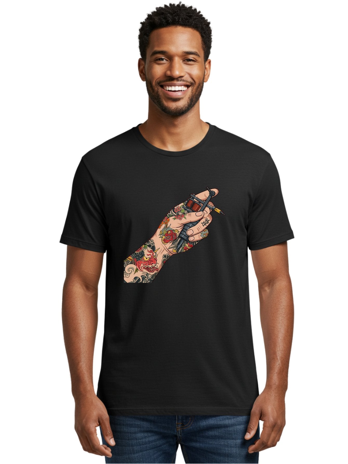 Tattooed-Hand Men'S Graphic Tee, 100% Cotton, Comfortable Casual Summer Wear, Machine Washable, Tattooed Hand, Tattoo Machine, Body Art, Ink, Tattoo Artist, Artful Expression, Vibrant Tattoos, Dragon Design, Traditional Japanese Tattoo, Bad828 17