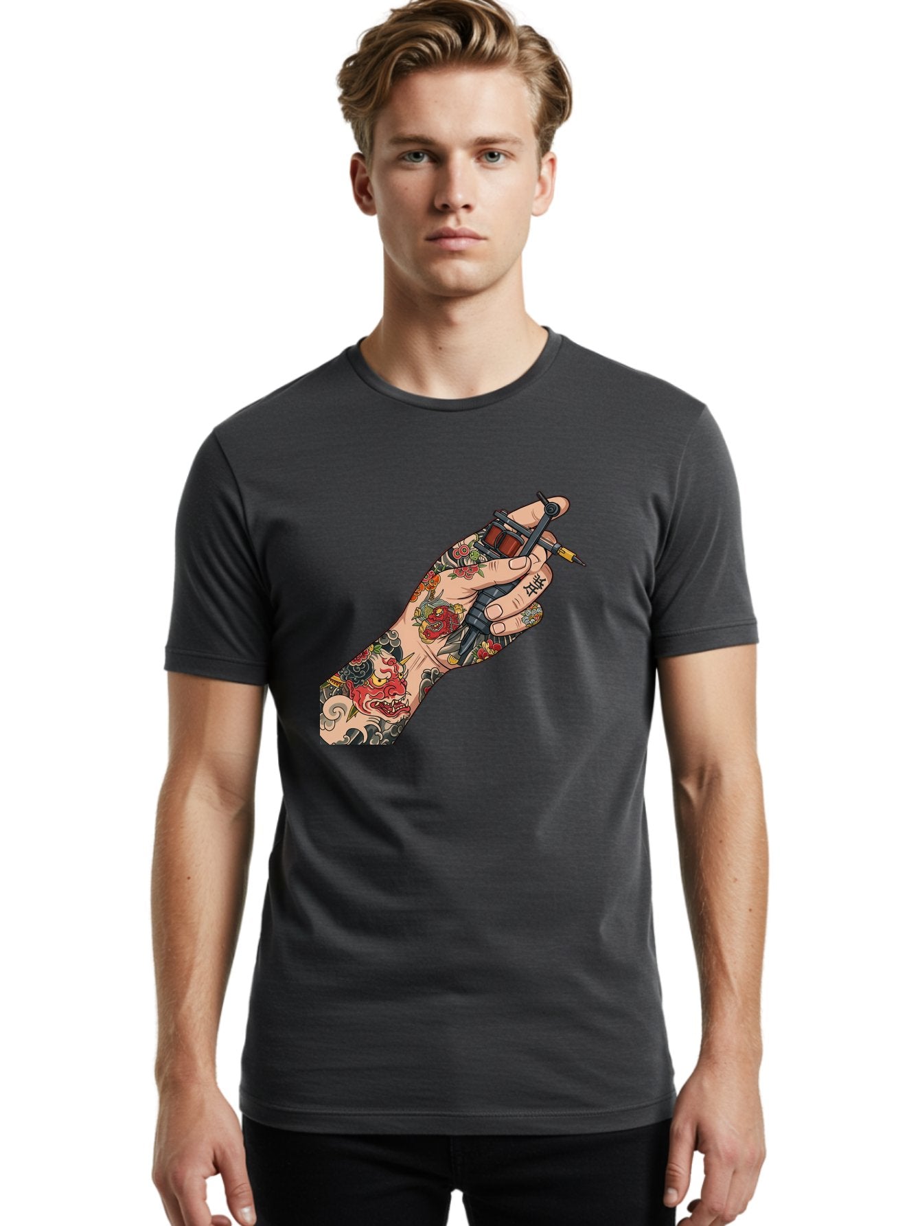 Tattooed-Hand Men'S Graphic Tee, 100% Cotton, Comfortable Casual Summer Wear, Machine Washable, Tattooed Hand, Tattoo Machine, Body Art, Ink, Tattoo Artist, Artful Expression, Vibrant Tattoos, Dragon Design, Traditional Japanese Tattoo, Bad828 23