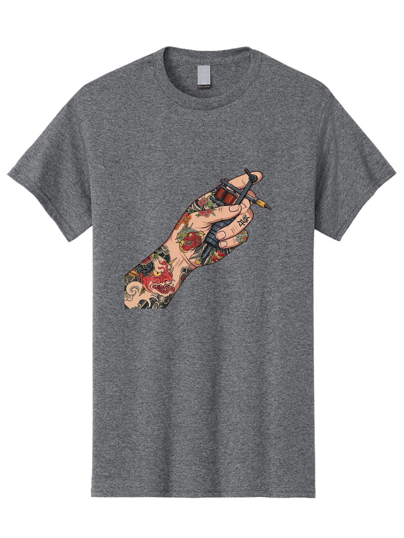Tattooed-Hand Men'S Graphic Tee, 100% Cotton, Comfortable Casual Summer Wear, Machine Washable, Tattooed Hand, Tattoo Machine, Body Art, Ink, Tattoo Artist, Artful Expression, Vibrant Tattoos, Dragon Design, Traditional Japanese Tattoo, Bad828 3