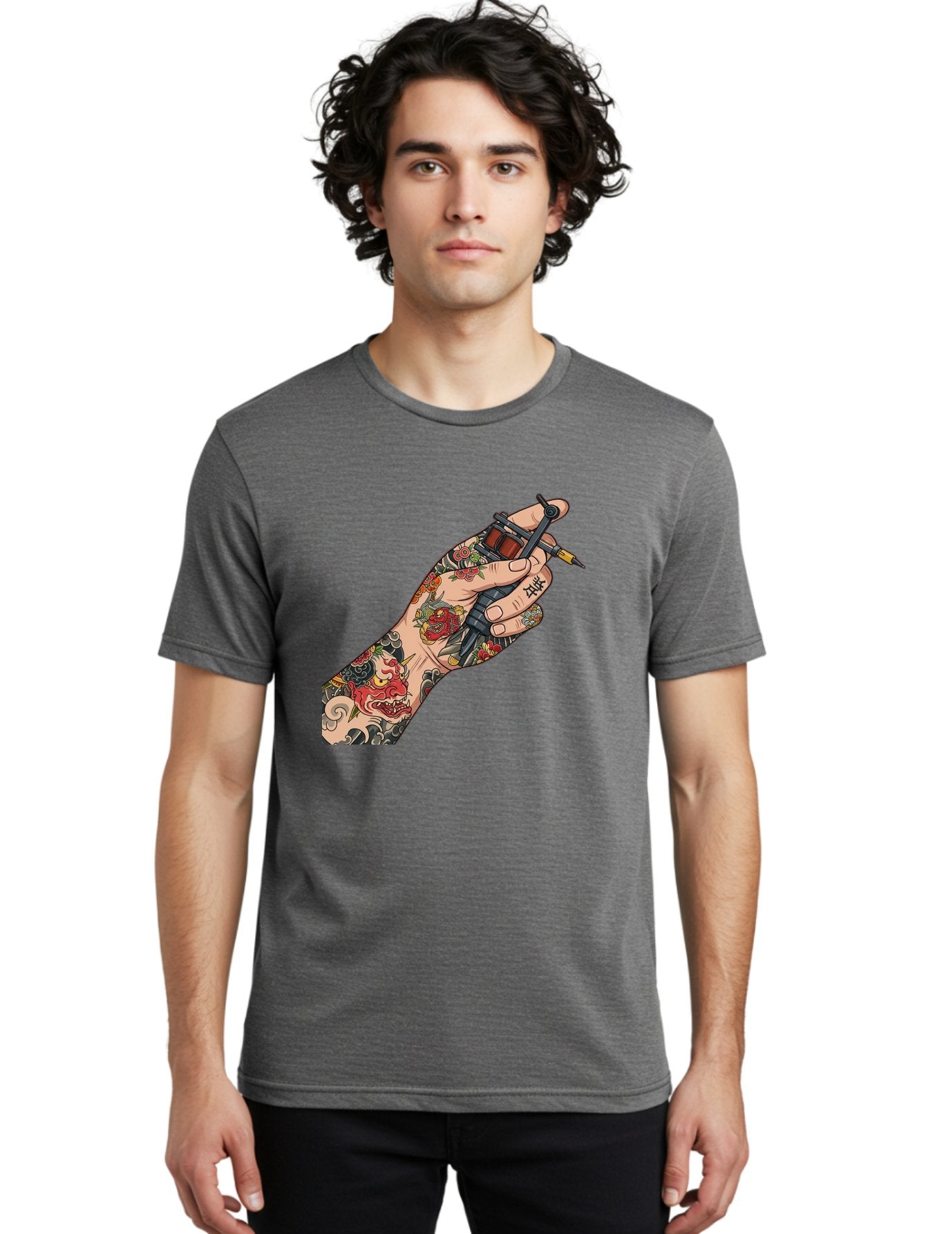 Tattooed-Hand Men'S Graphic Tee, 100% Cotton, Comfortable Casual Summer Wear, Machine Washable, Tattooed Hand, Tattoo Machine, Body Art, Ink, Tattoo Artist, Artful Expression, Vibrant Tattoos, Dragon Design, Traditional Japanese Tattoo, Bad828 22