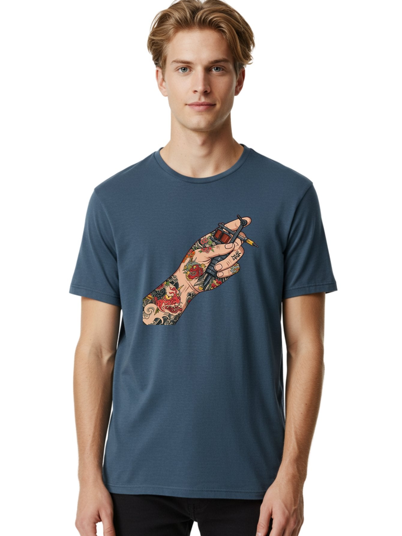 Tattooed-Hand Men'S Graphic Tee, 100% Cotton, Comfortable Casual Summer Wear, Machine Washable, Tattooed Hand, Tattoo Machine, Body Art, Ink, Tattoo Artist, Artful Expression, Vibrant Tattoos, Dragon Design, Traditional Japanese Tattoo, Bad828 25