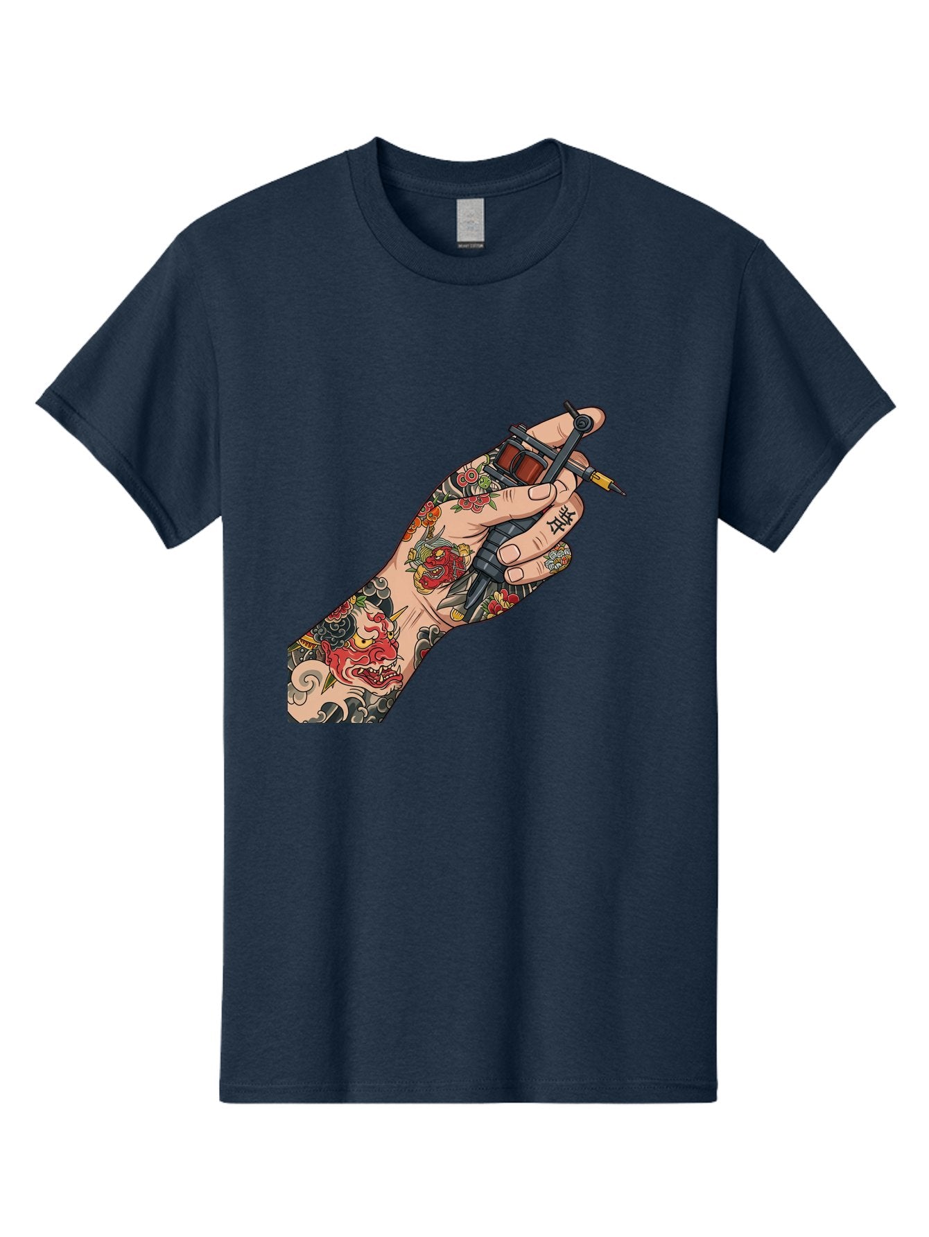 Tattooed-Hand Men'S Graphic Tee, 100% Cotton, Comfortable Casual Summer Wear, Machine Washable, Tattooed Hand, Tattoo Machine, Body Art, Ink, Tattoo Artist, Artful Expression, Vibrant Tattoos, Dragon Design, Traditional Japanese Tattoo, Bad828 11