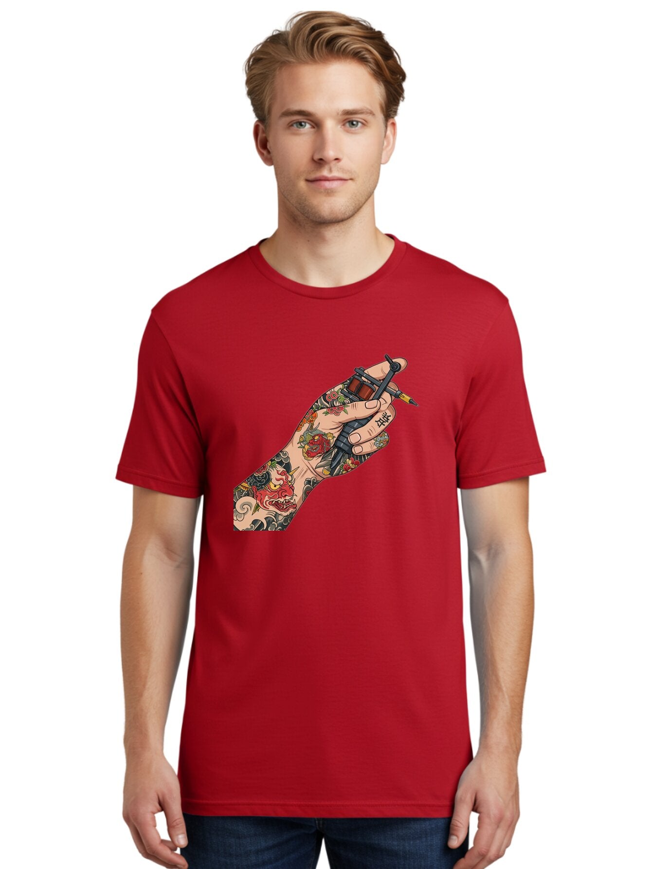 Tattooed-Hand Men'S Graphic Tee, 100% Cotton, Comfortable Casual Summer Wear, Machine Washable, Tattooed Hand, Tattoo Machine, Body Art, Ink, Tattoo Artist, Artful Expression, Vibrant Tattoos, Dragon Design, Traditional Japanese Tattoo, Bad828 19