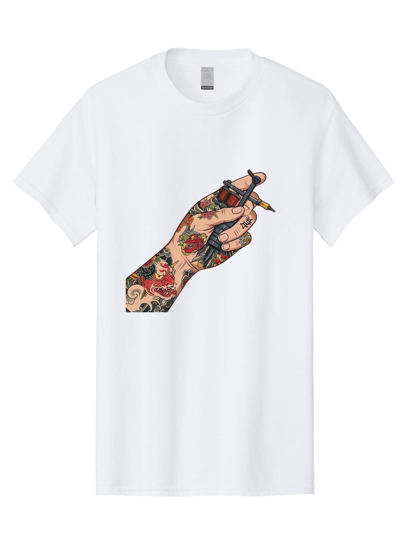 Tattooed-Hand Men'S Graphic Tee, 100% Cotton, Comfortable Casual Summer Wear, Machine Washable, Tattooed Hand, Tattoo Machine, Body Art, Ink, Tattoo Artist, Artful Expression, Vibrant Tattoos, Dragon Design, Traditional Japanese Tattoo, Bad828