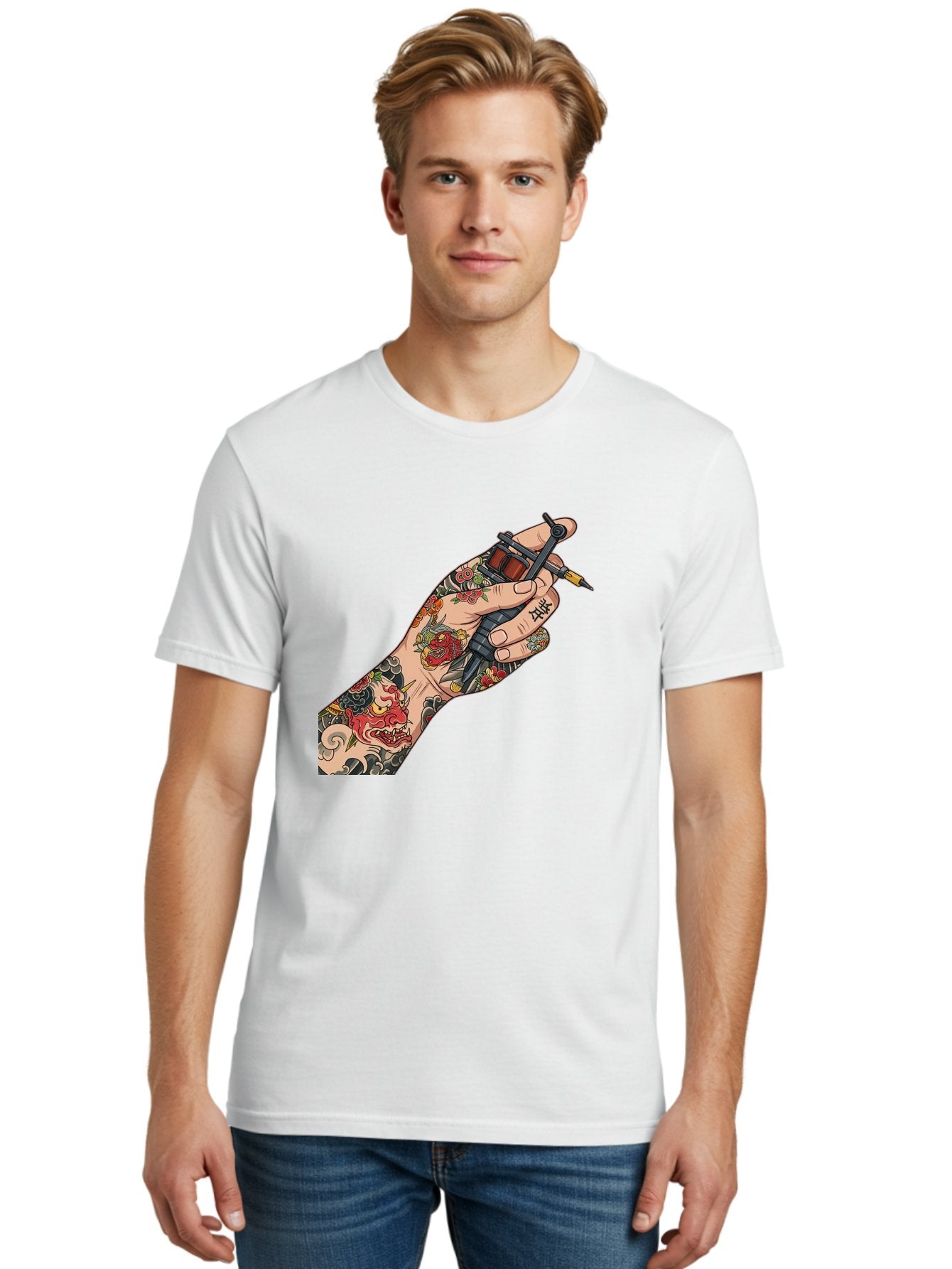 Tattooed-Hand Men'S Graphic Tee, 100% Cotton, Comfortable Casual Summer Wear, Machine Washable, Tattooed Hand, Tattoo Machine, Body Art, Ink, Tattoo Artist, Artful Expression, Vibrant Tattoos, Dragon Design, Traditional Japanese Tattoo, Bad828 21