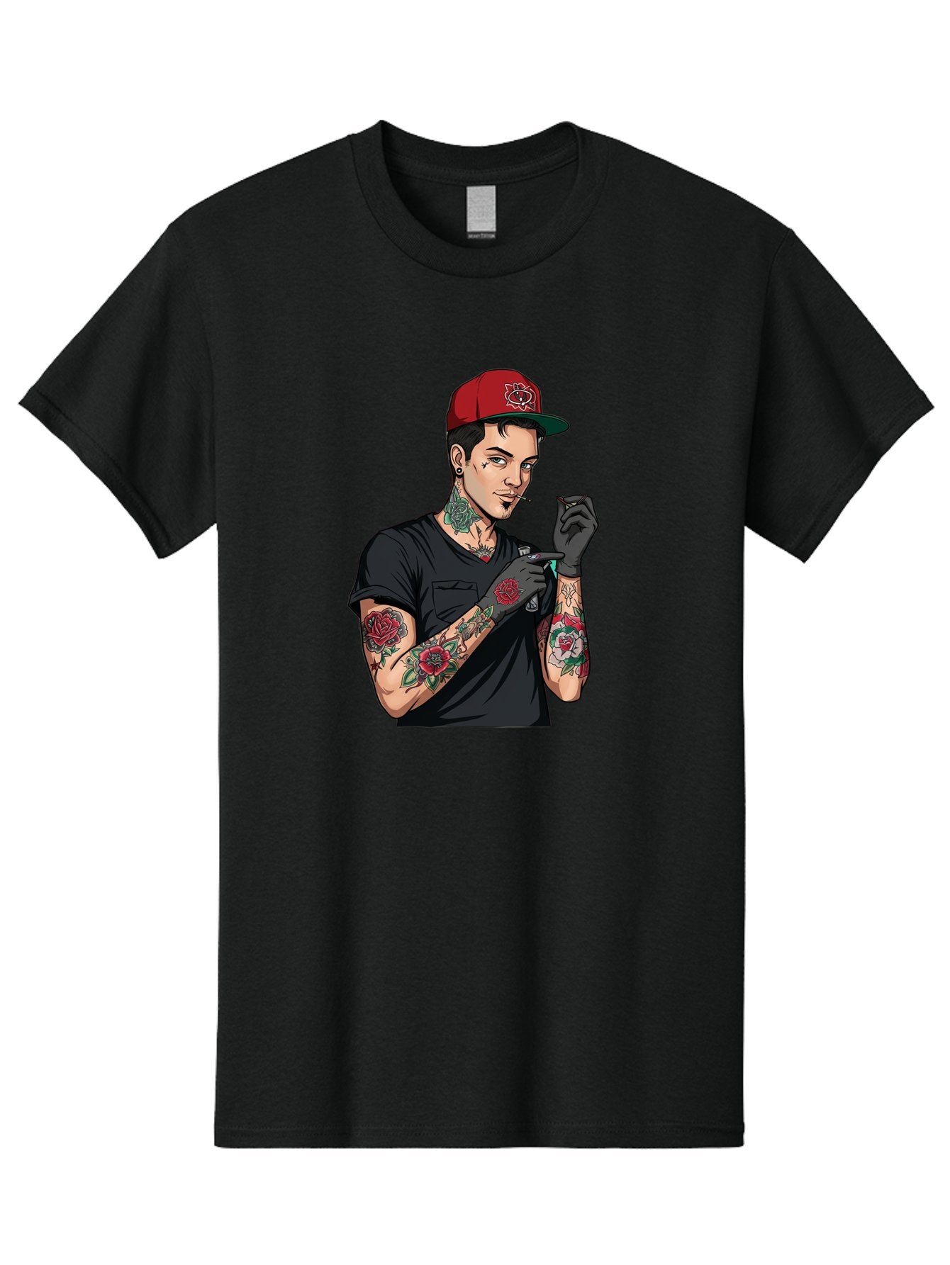 Tattooed-Man-1 Men'S Graphic Tee, 100% Cotton, Comfortable Casual Summer Wear, Machine Washable, Tattooed Man, Rose Tattoos, Red Baseball Cap, Black Gloves, Smoking Cigarette, Cartoon Style, Edgy Fashion, Bold Graphics, Streetwear, Modern Art Bad829 15