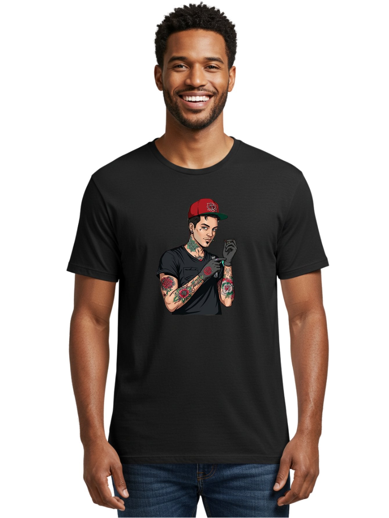 Tattooed-Man-1 Men'S Graphic Tee, 100% Cotton, Comfortable Casual Summer Wear, Machine Washable, Tattooed Man, Rose Tattoos, Red Baseball Cap, Black Gloves, Smoking Cigarette, Cartoon Style, Edgy Fashion, Bold Graphics, Streetwear, Modern Art Bad829 30
