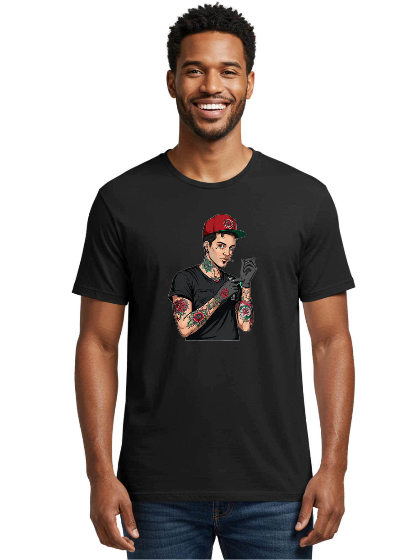 Tattooed-Man-1 Men'S Graphic Tee, 100% Cotton, Comfortable Casual Summer Wear, Machine Washable, Tattooed Man, Rose Tattoos, Red Baseball Cap, Black Gloves, Smoking Cigarette, Cartoon Style, Edgy Fashion, Bold Graphics, Streetwear, Modern Art Bad829 16