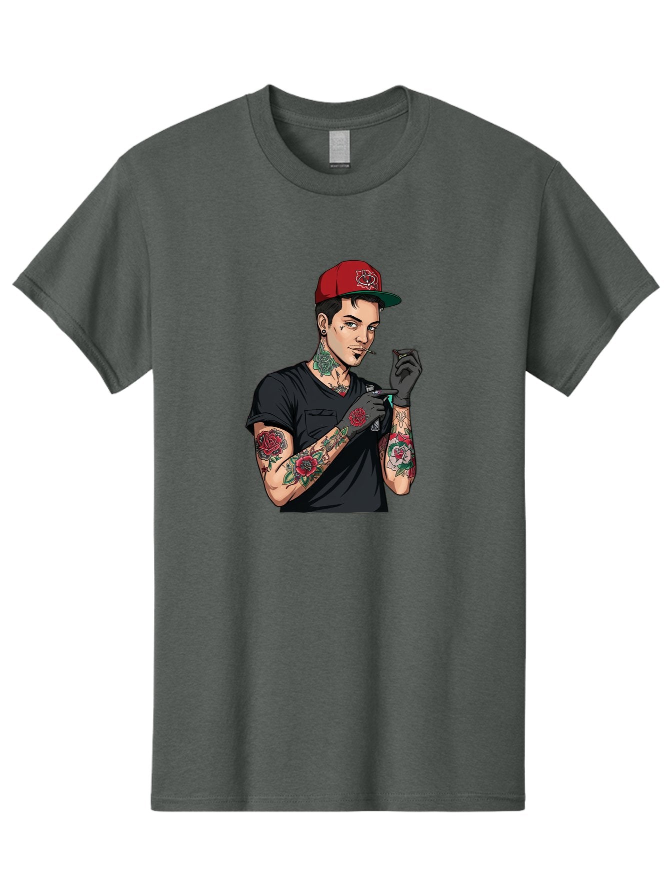 Tattooed-Man-1 Men'S Graphic Tee, 100% Cotton, Comfortable Casual Summer Wear, Machine Washable, Tattooed Man, Rose Tattoos, Red Baseball Cap, Black Gloves, Smoking Cigarette, Cartoon Style, Edgy Fashion, Bold Graphics, Streetwear, Modern Art Bad829 10
