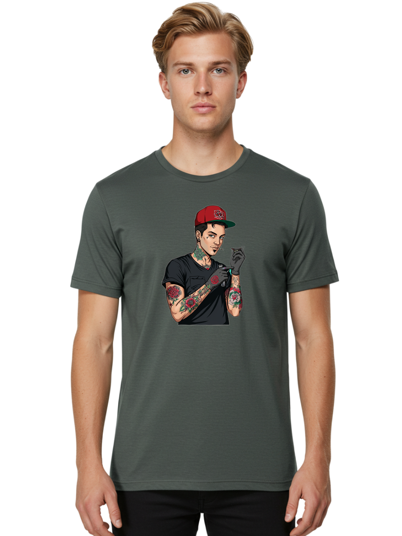 Tattooed-Man-1 Men'S Graphic Tee, 100% Cotton, Comfortable Casual Summer Wear, Machine Washable, Tattooed Man, Rose Tattoos, Red Baseball Cap, Black Gloves, Smoking Cigarette, Cartoon Style, Edgy Fashion, Bold Graphics, Streetwear, Modern Art Bad829 29