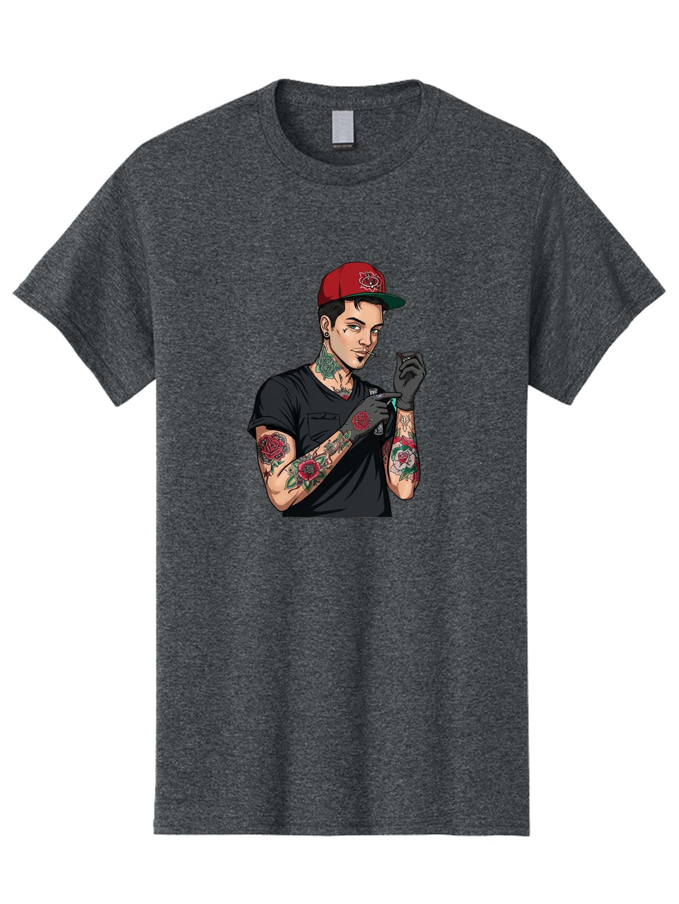 Tattooed-Man-1 Men'S Graphic Tee, 100% Cotton, Comfortable Casual Summer Wear, Machine Washable, Tattooed Man, Rose Tattoos, Red Baseball Cap, Black Gloves, Smoking Cigarette, Cartoon Style, Edgy Fashion, Bold Graphics, Streetwear, Modern Art Bad829