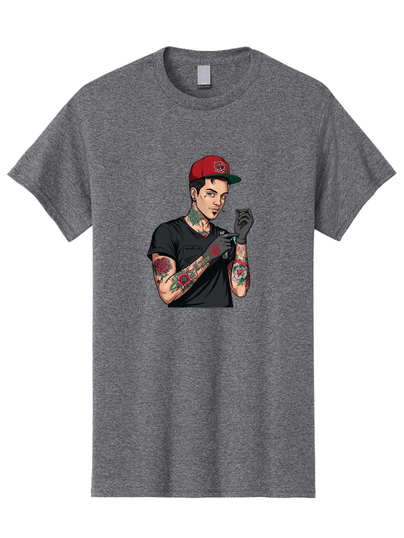 Tattooed-Man-1 Men'S Graphic Tee, 100% Cotton, Comfortable Casual Summer Wear, Machine Washable, Tattooed Man, Rose Tattoos, Red Baseball Cap, Black Gloves, Smoking Cigarette, Cartoon Style, Edgy Fashion, Bold Graphics, Streetwear, Modern Art Bad829 11