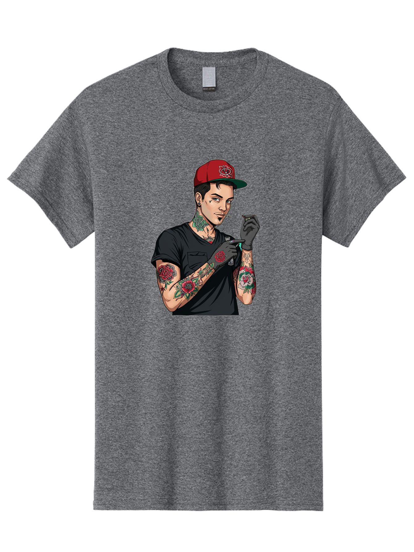 Tattooed-Man-1 Men'S Graphic Tee, 100% Cotton, Comfortable Casual Summer Wear, Machine Washable, Tattooed Man, Rose Tattoos, Red Baseball Cap, Black Gloves, Smoking Cigarette, Cartoon Style, Edgy Fashion, Bold Graphics, Streetwear, Modern Art Bad829 4