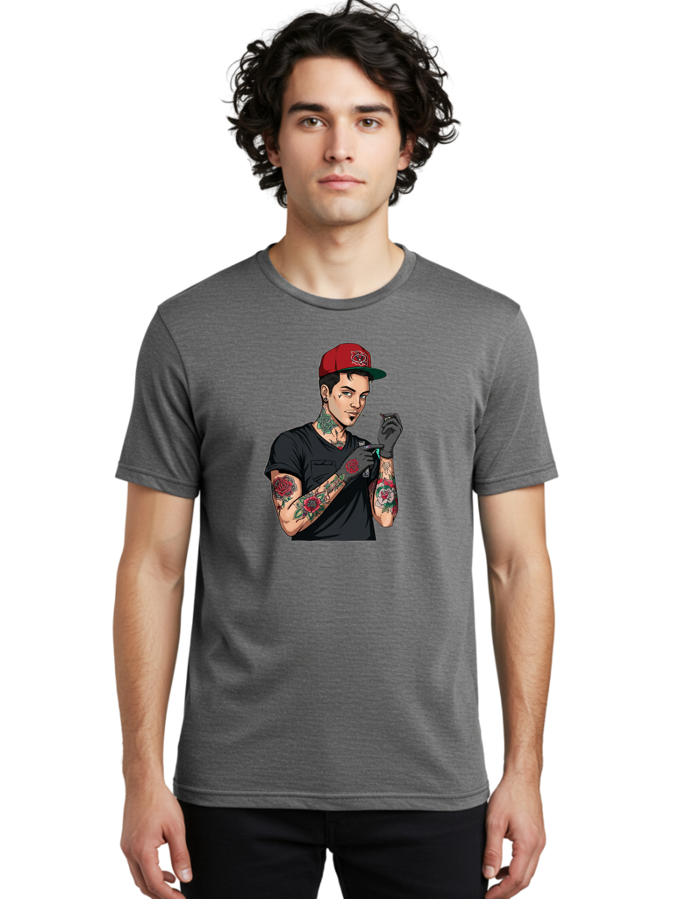 Tattooed-Man-1 Men'S Graphic Tee, 100% Cotton, Comfortable Casual Summer Wear, Machine Washable, Tattooed Man, Rose Tattoos, Red Baseball Cap, Black Gloves, Smoking Cigarette, Cartoon Style, Edgy Fashion, Bold Graphics, Streetwear, Modern Art Bad829 19