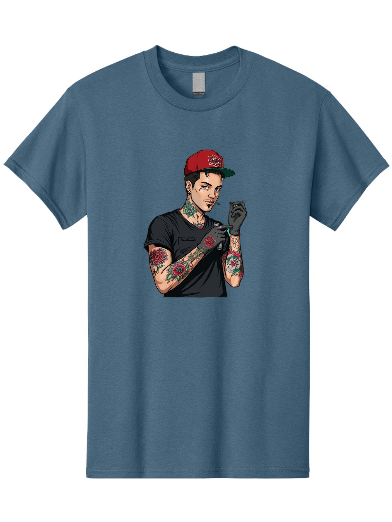 Tattooed-Man-1 Men'S Graphic Tee, 100% Cotton, Comfortable Casual Summer Wear, Machine Washable, Tattooed Man, Rose Tattoos, Red Baseball Cap, Black Gloves, Smoking Cigarette, Cartoon Style, Edgy Fashion, Bold Graphics, Streetwear, Modern Art Bad829 3
