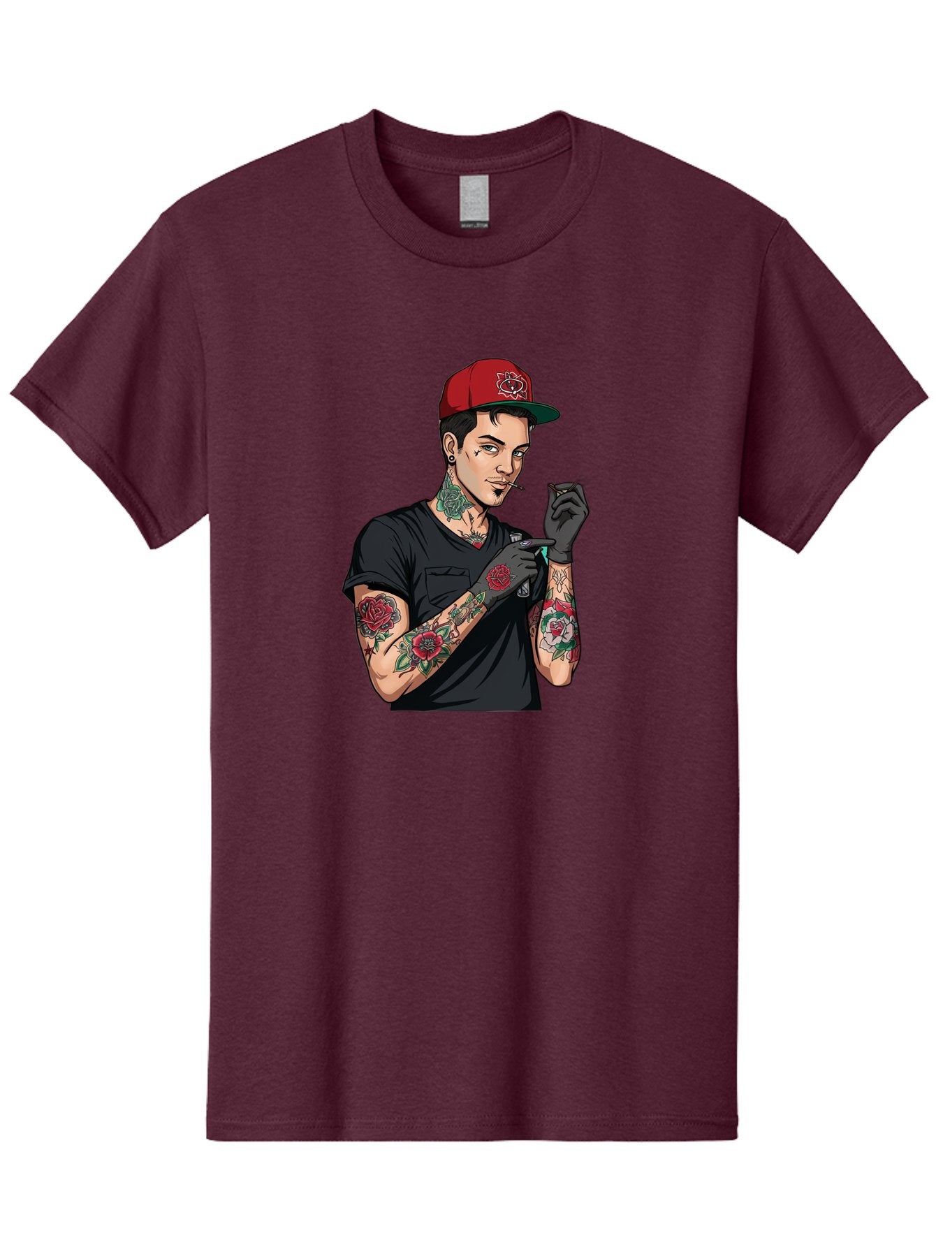 Tattooed-Man-1 Men'S Graphic Tee, 100% Cotton, Comfortable Casual Summer Wear, Machine Washable, Tattooed Man, Rose Tattoos, Red Baseball Cap, Black Gloves, Smoking Cigarette, Cartoon Style, Edgy Fashion, Bold Graphics, Streetwear, Modern Art Bad829 9